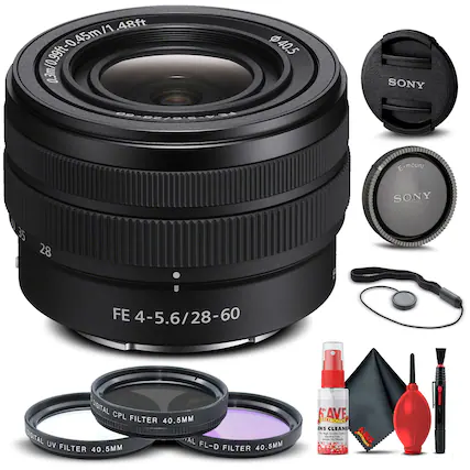 - 0.3m/1.0ft - 0.45m/1.48ft
- SONY E-mount
- SONY 35 28 FE 4-5.6/28-60 DIGITAL
- CPL FILTER 40.5MM
- UV FILTER 40.5MM
- FL-D FILTER 40.5MM
- SAVE ELECTRONICS
- LENS CLEANER
- KAVE