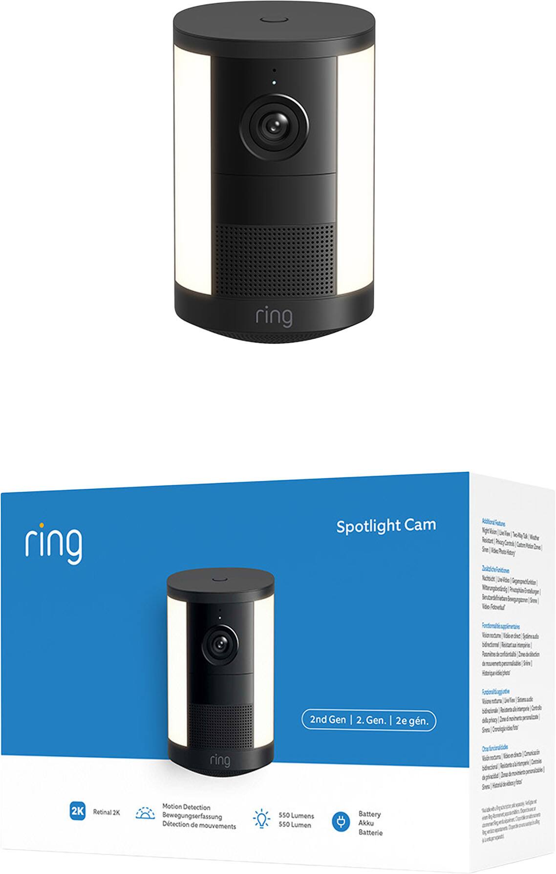 ring Spotlight Cam 2nd Gen | 2. Gen. | 2e gén.

- Retinal 2K
- Motion Detection
  - Bewegungserfassung
  - Détection de mouvements
- 550 Lumens
- Battery
  - Akku
  - Batterie