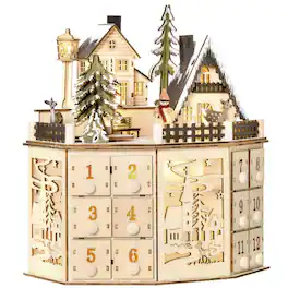 PULUZ - Christmas Advent Calendar, Light Up Table Xmas Wooden Holiday Decoration with Countdown Drawers and Village - Natural Wood