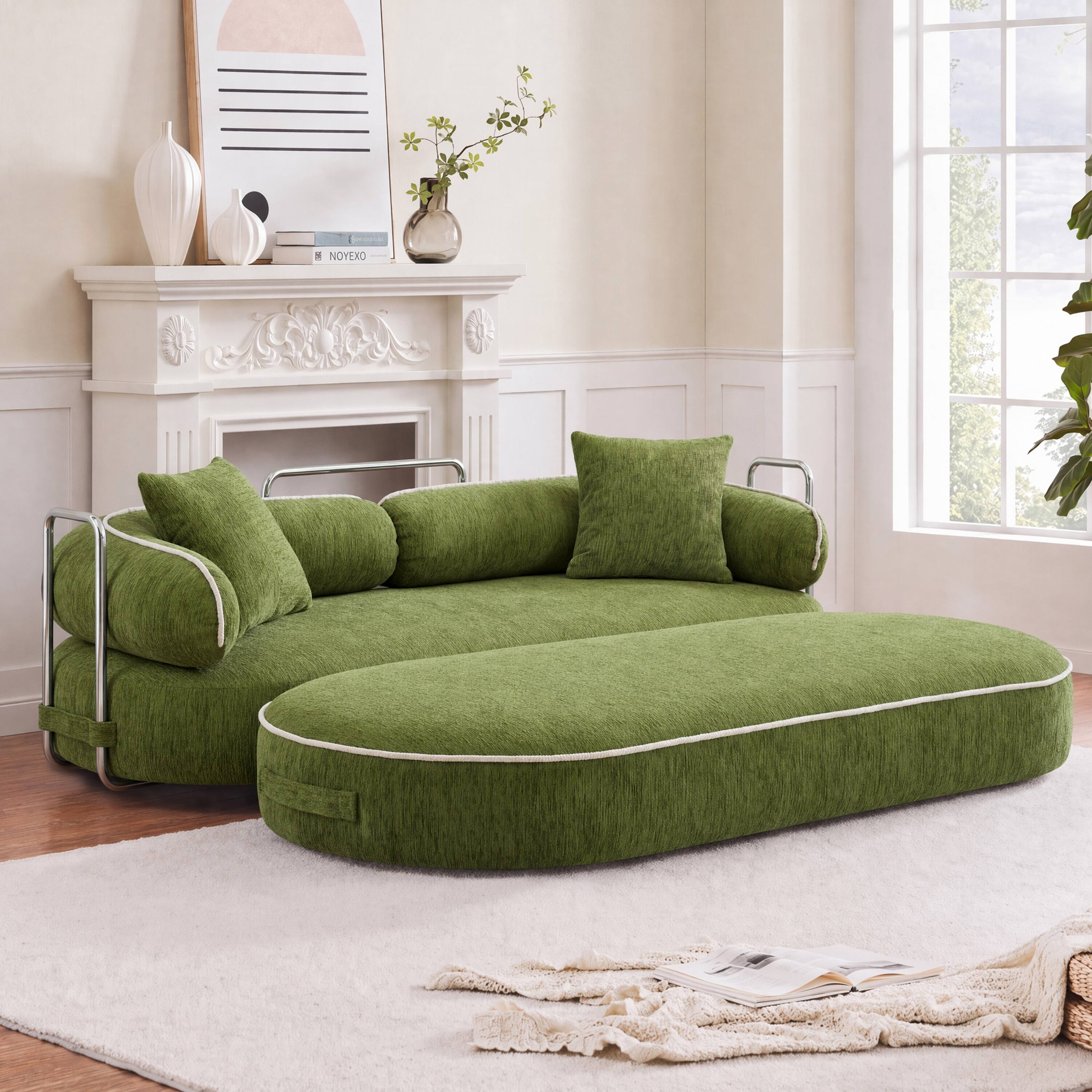 Left. Vipbear - Curved Loveseat with 4 Pillows, Modern Boneless Couch, Convertible Sleeper Sofa Bed - green.