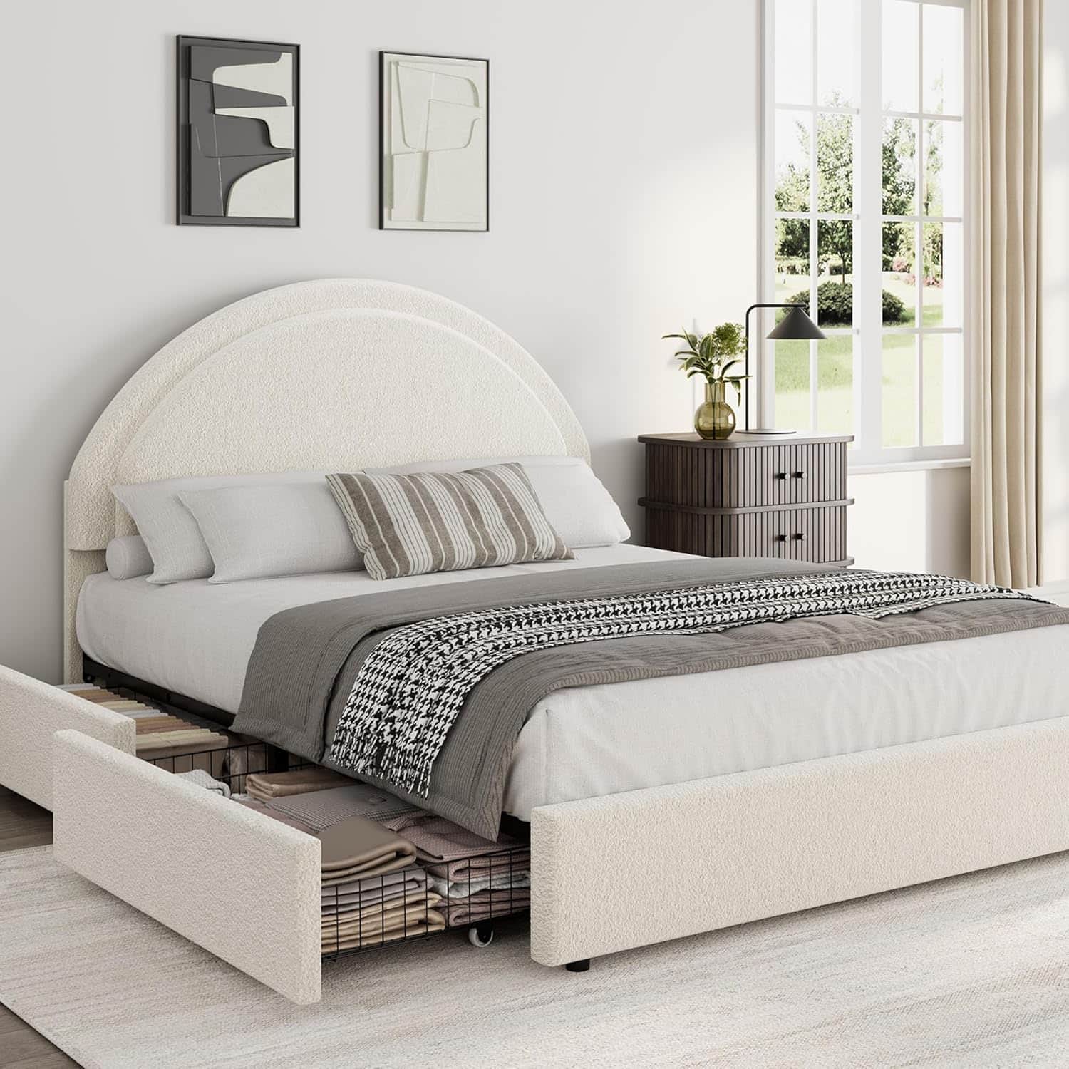 Homhougo - Queen Boucle Bed Frame with Storage Drawers, Upholstered Platform Bed with Round Headboard, Sturdy - Beige