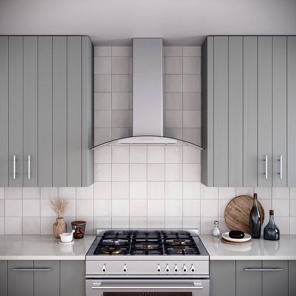 Left. Streamline - 36 in. Largo Ductless Wall Mount 220 CFM Range Hood, Baffle Filters, Push Button Control, LED Lights - Brushed Stainless Steel.