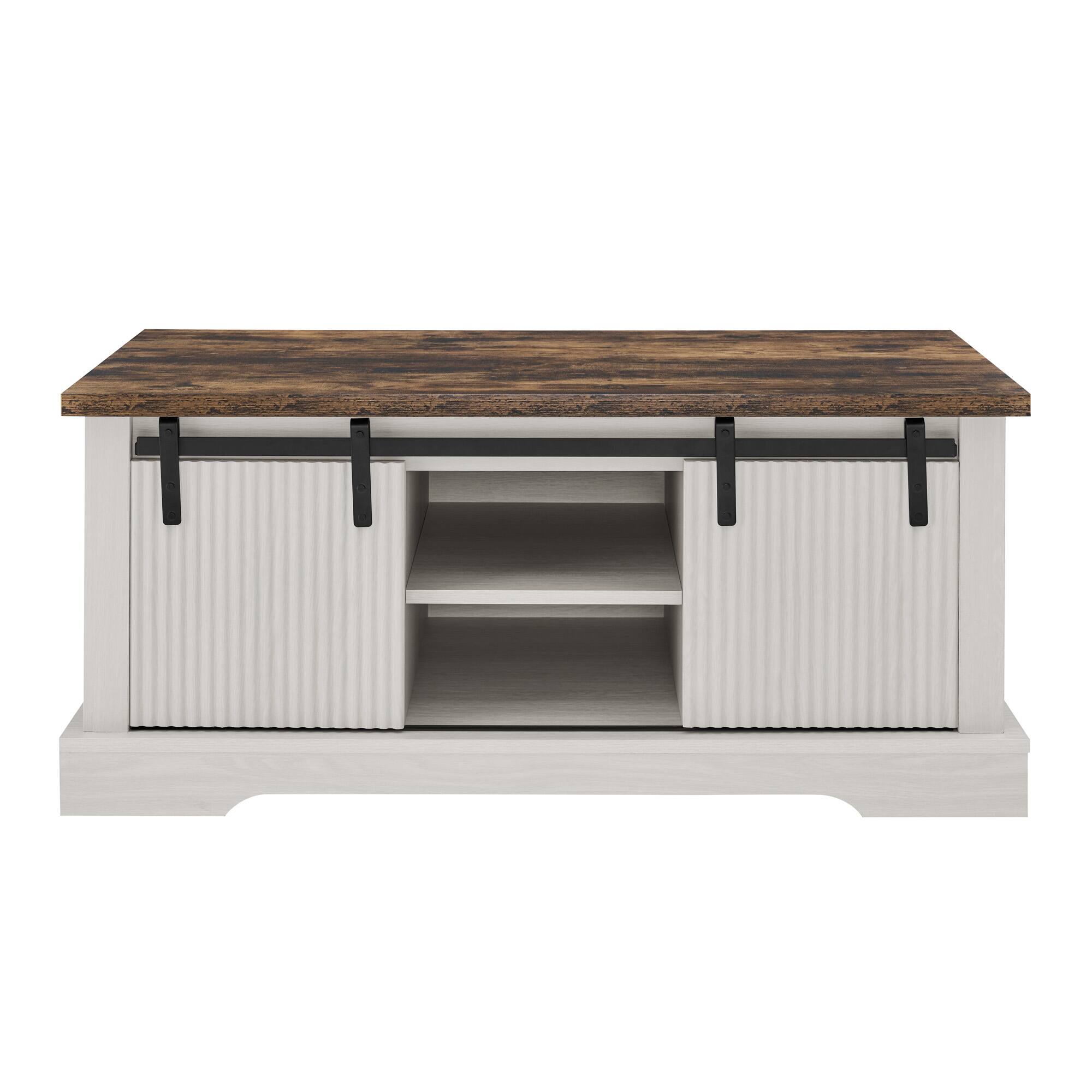 Left. Aukfa - 41.3 Inch Coffee Table with Storage - Sliding Wood Door, Adjustable Shelves, Farmhouse Style for Living/Meeting Room - White.