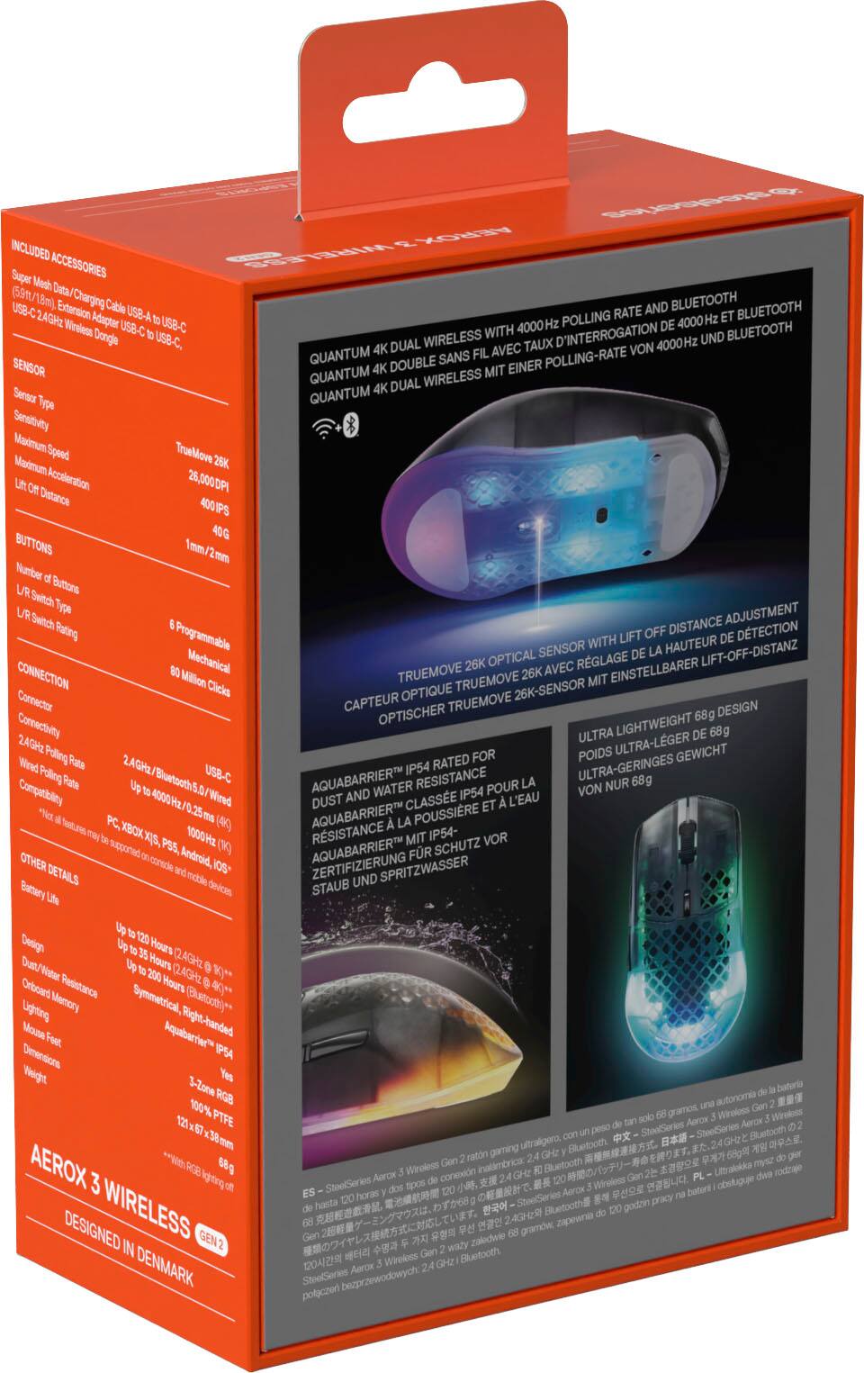 INCLUDED ACCESSORIES  
Super Mesh Data/Charging Cable (USB-A to USB-C, USB-C to 2.4GHz Wireless Dongle, USB-C to USB-C)  

SENSOR  
Sensor Type: Optical  
Sensitivity: Maximum Speed: 26,000 DPI  
Lift Off Distance: 400 IPS  

BUTTONS  
Number of Buttons: 6  
L/R Switch Type: Mechanical  
L/R Switch Rating: 80 Million Clicks  

CONNECTION  
Connector: USB-C  
Connectivity: 2.4GHz, Bluetooth  
2.4GHz Polling Rate: Up to 4000Hz  
Bluetooth Polling Rate: 1000Hz  

OTHER DETAILS  
Battery Life: Up to 120 Hours (2.4GHz), Up to 35 Hours (Bluetooth)  
Design: Symmetrical, Right-handed  
Dust/Water Resistance: IP54  
Onboard Memory: Yes  
Mouse Feet: 3-Zone RGB  
Dimensions: 121 x 67 x 38 mm  
Weight: 68g  

QUANTUM 4K DUAL WIRELESS WITH 4000Hz POLLING RATE AND BLU