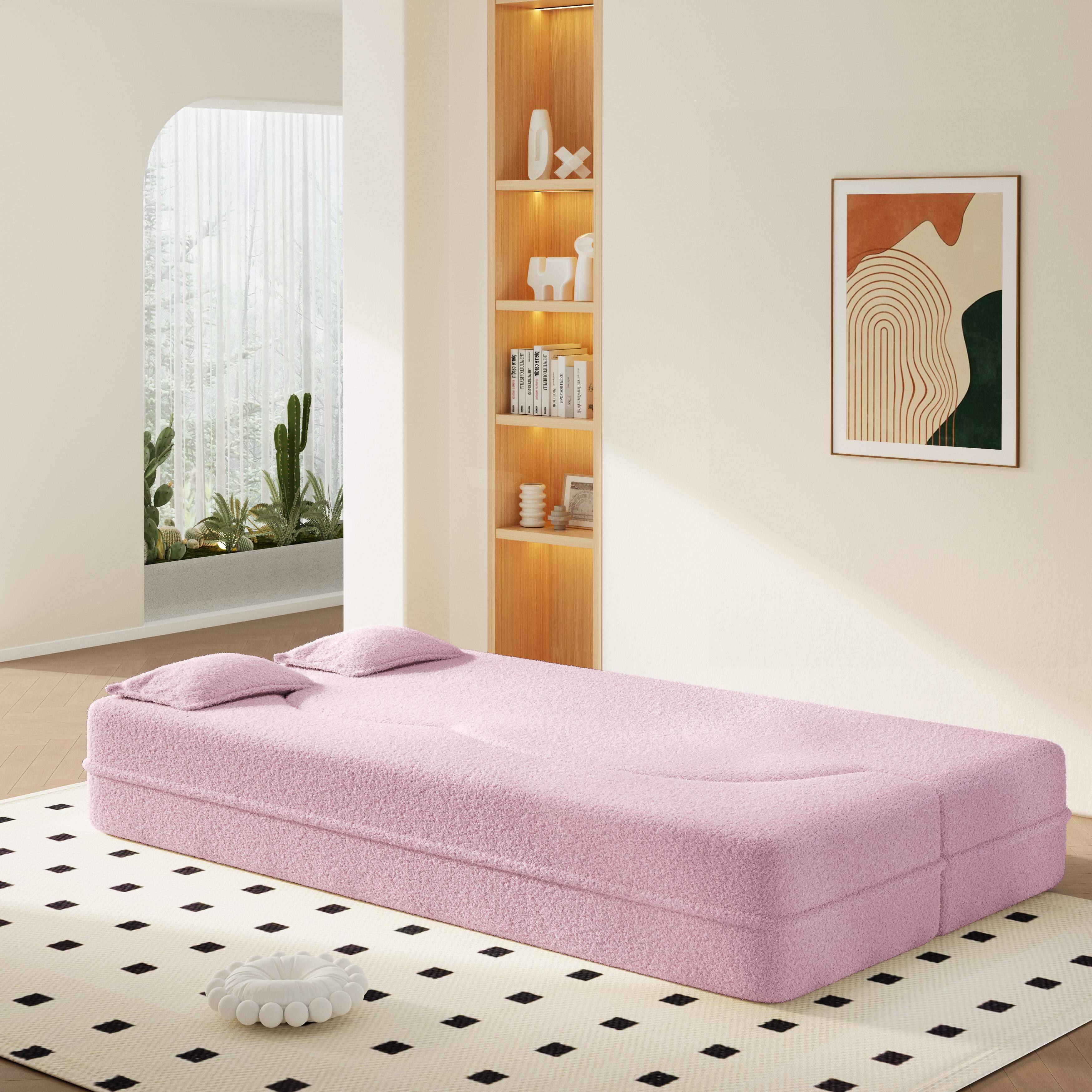 Front. LOVMOR - Modern Floor Sofa with 2 PillowsConvertible Teddy Fabric FoamFilled Sleeper Sofa Bed15 inch Twin Size Folding Mattress - Pink.