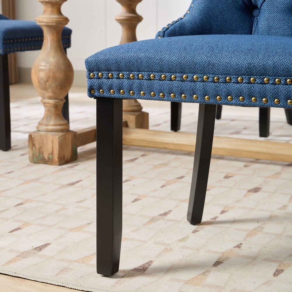 Alt View 9. Loheer - Loheer Blue Linen Dining Chairs Set of 2 Tufted Upholstered High Back Solid Wood Legs Nailhead Trim Modern Contemporary - Blue.