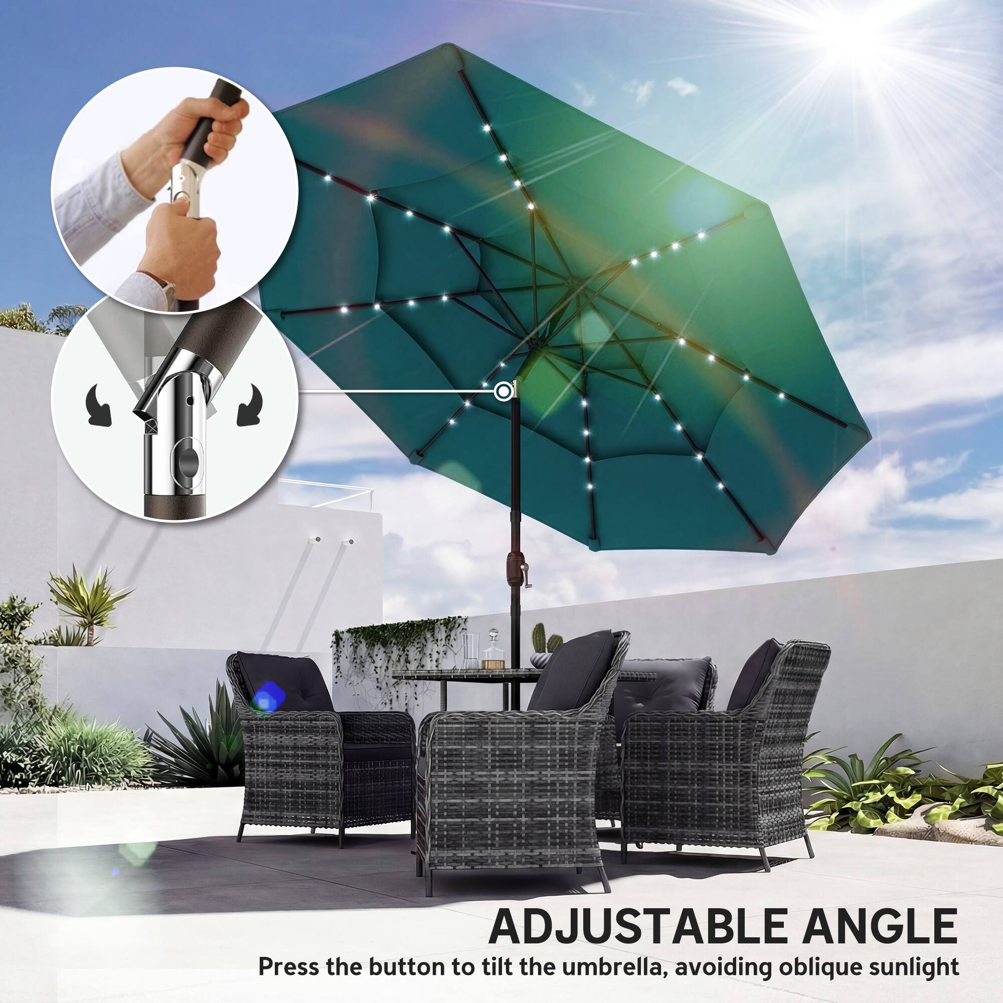 ADJUSTABLE ANGLE  
Press the button to tilt the umbrella, avoiding oblique sunlight