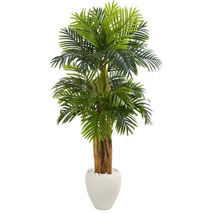 Front. BreeBe - 5.5' Triple Areca Palm Artificial Tree in White Planter - Green.