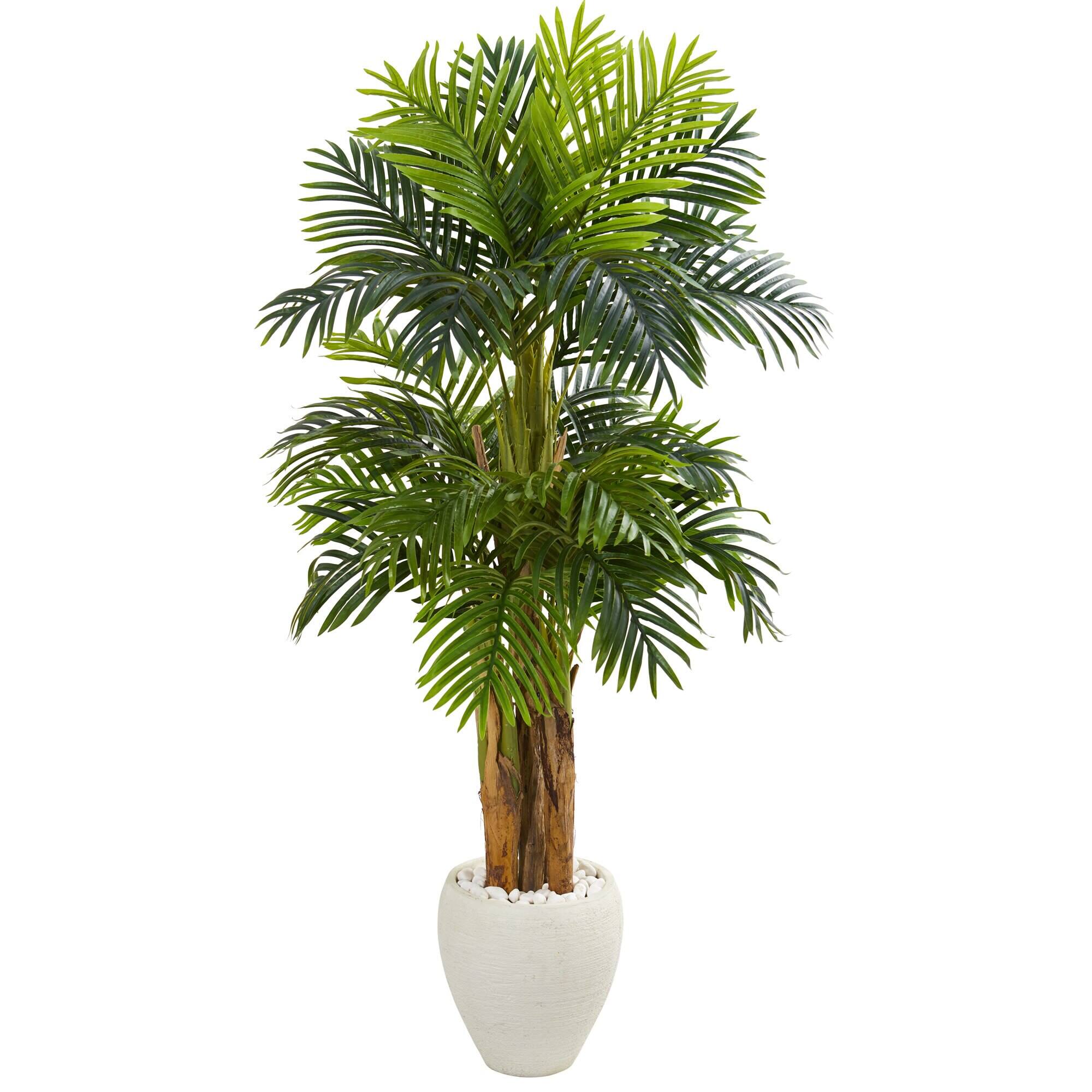 Front. BreeBe - 5.5' Triple Areca Palm Artificial Tree in White Planter - Green.