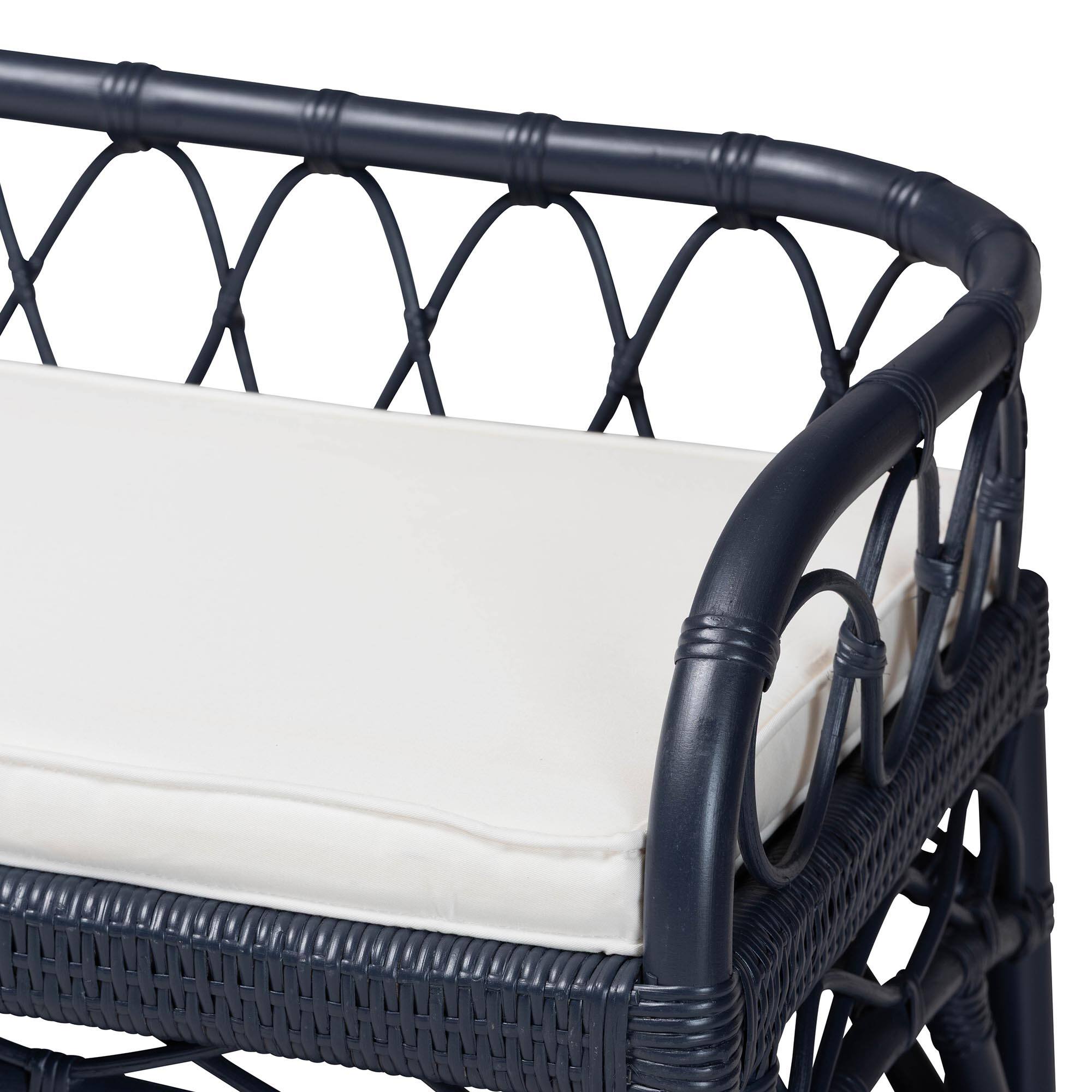 Alt View 1. bali & pari - Leryn Natural Rattan Bench with Shelf - Navy Blue.