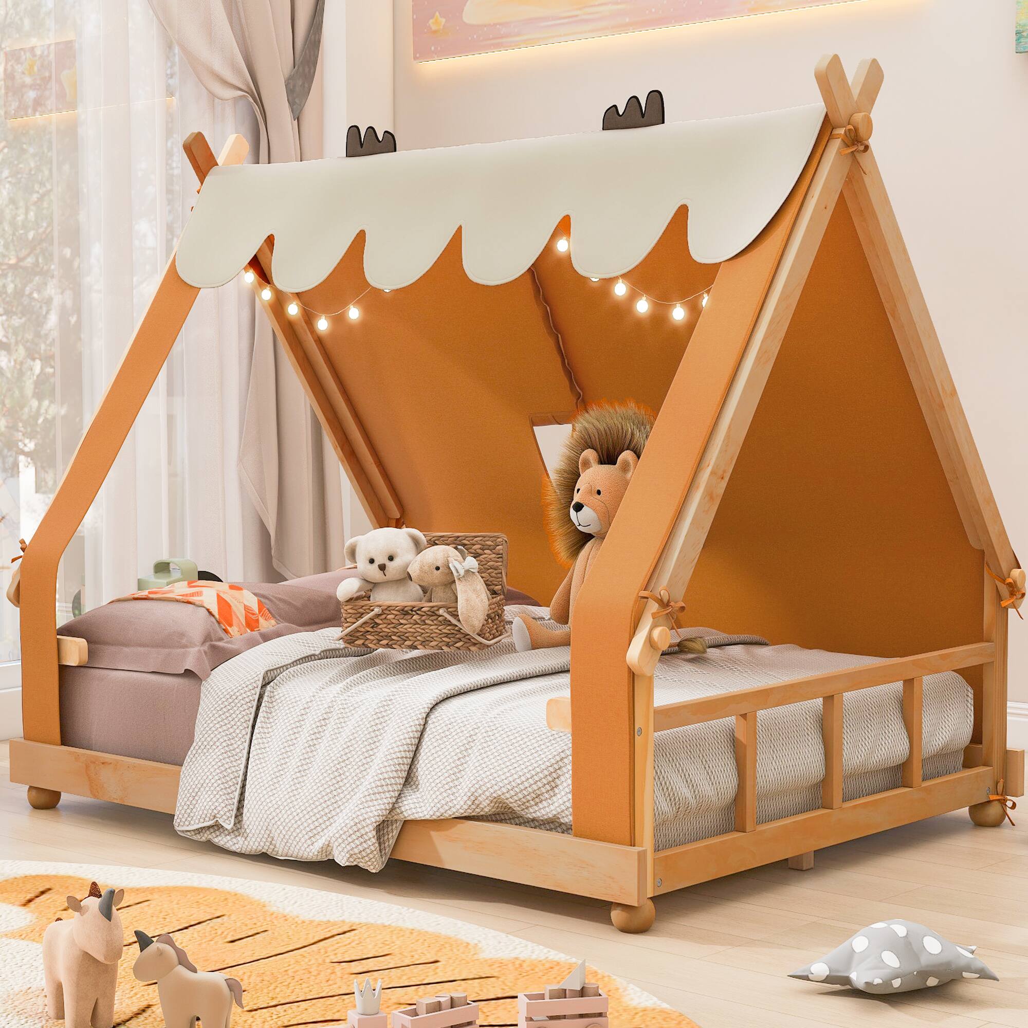 Left. Anysun - Full Size House Bed with Tent and Light - Brown.