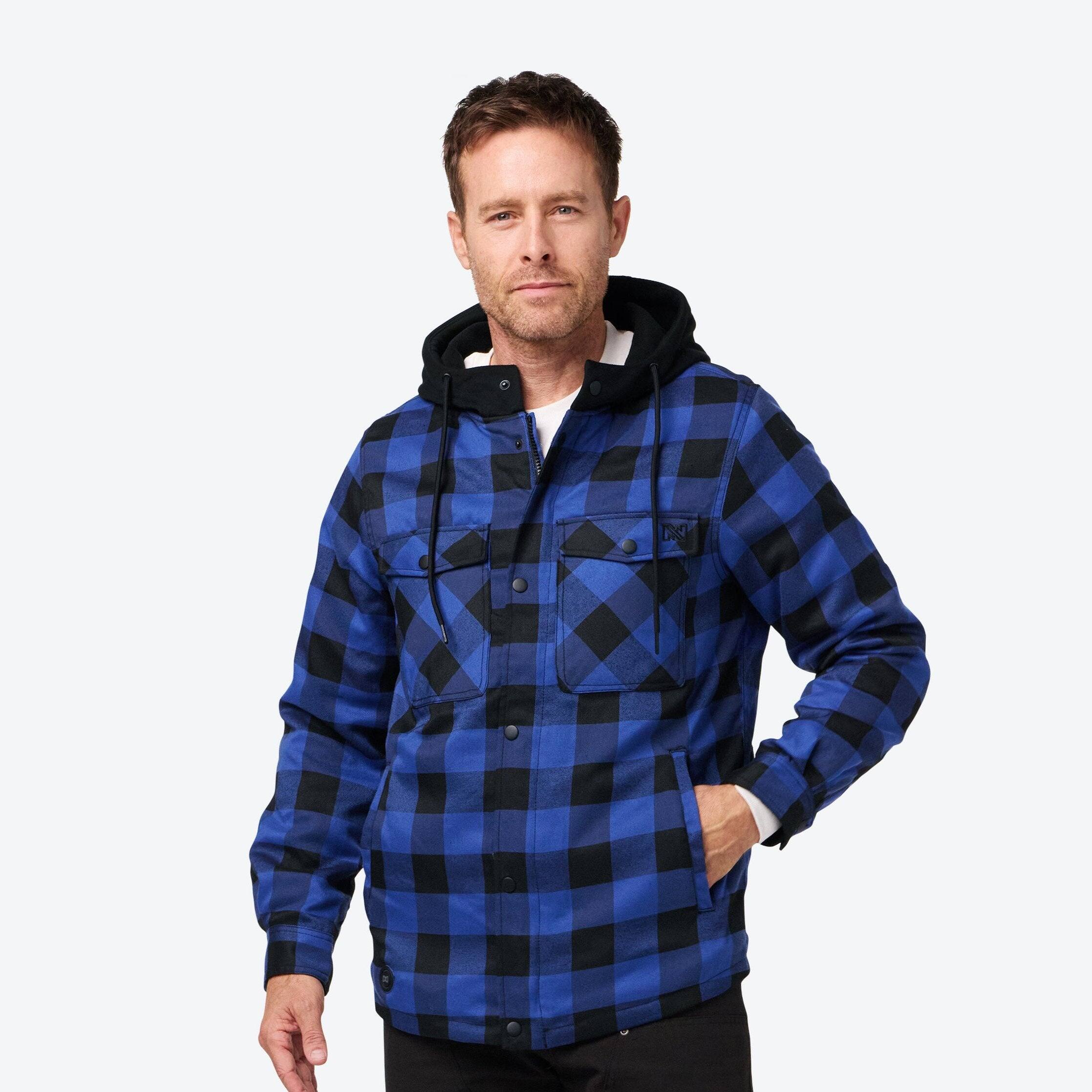 Front. Mobile Warming - Men's Flannel Heated Hoodie Jacket - Black/Blue.