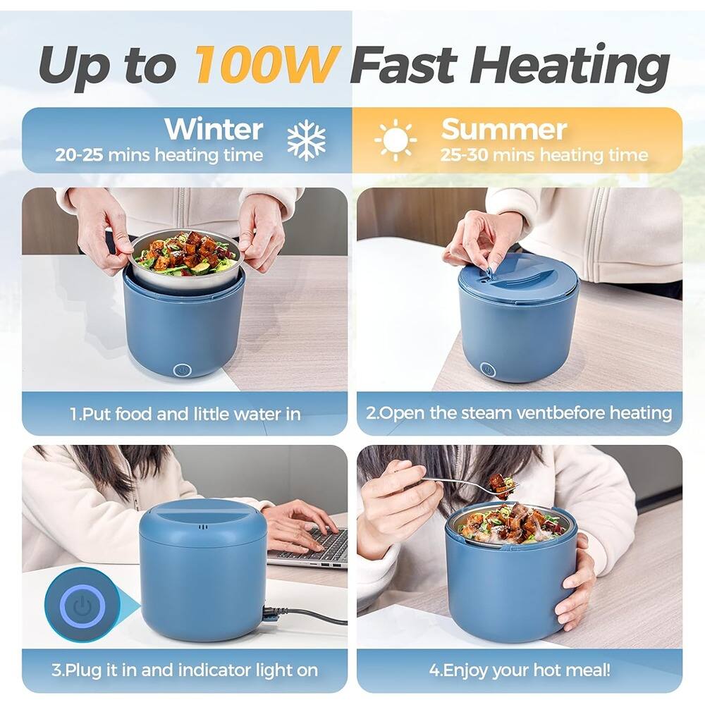 Up to 100W Fast Heating

Winter  
20-25 mins heating time

Summer  
25-30 mins heating time

1. Put food and little water in  
2. Open the steam vent before heating  
3. Plug it in and indicator light on  
4. Enjoy your hot meal!