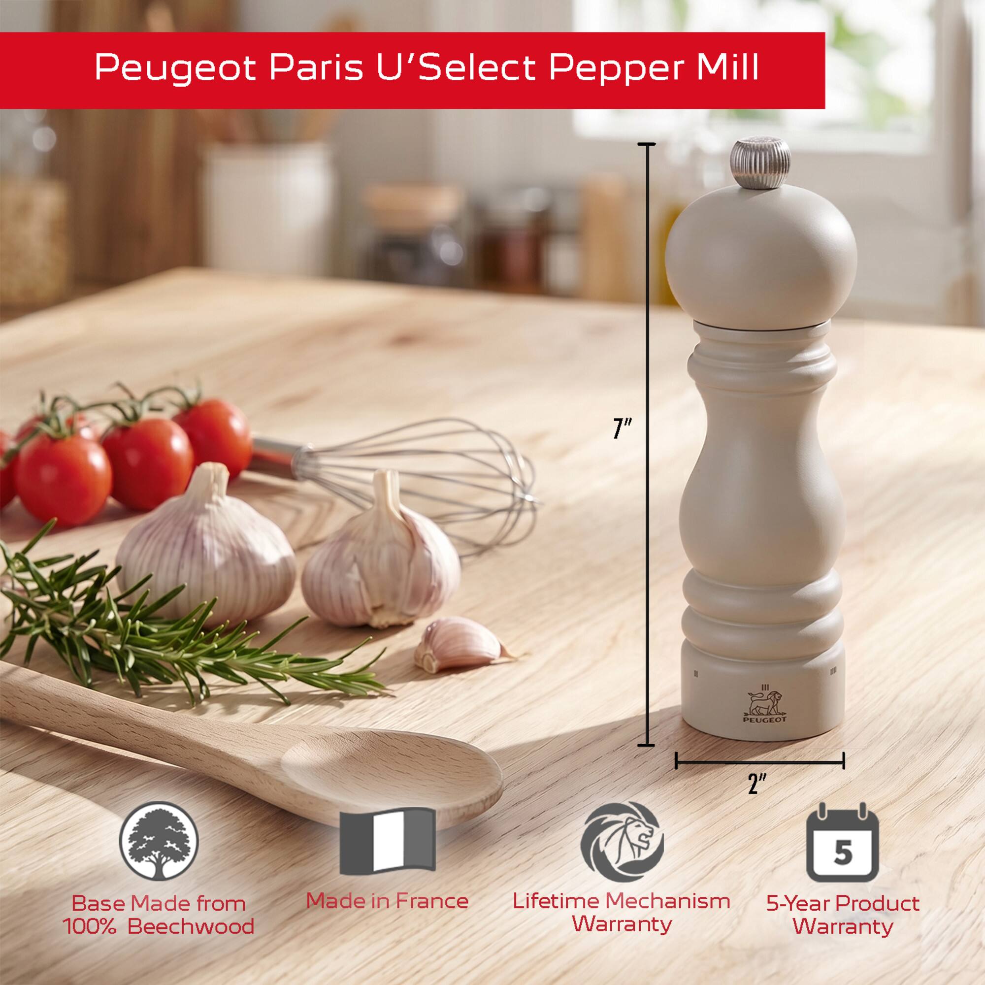 Peugeot Paris U'Select Pepper Mill 7" PEUDEDT 2" 5 Base Made from 100% Beechwood Made in France Lifetime Mechanism 5-Year Product Warranty