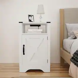Loheer - Farmhouse Nightstand with Charging Station, Wooden Bedside Table, 16-Inch Bedroom End Table - White