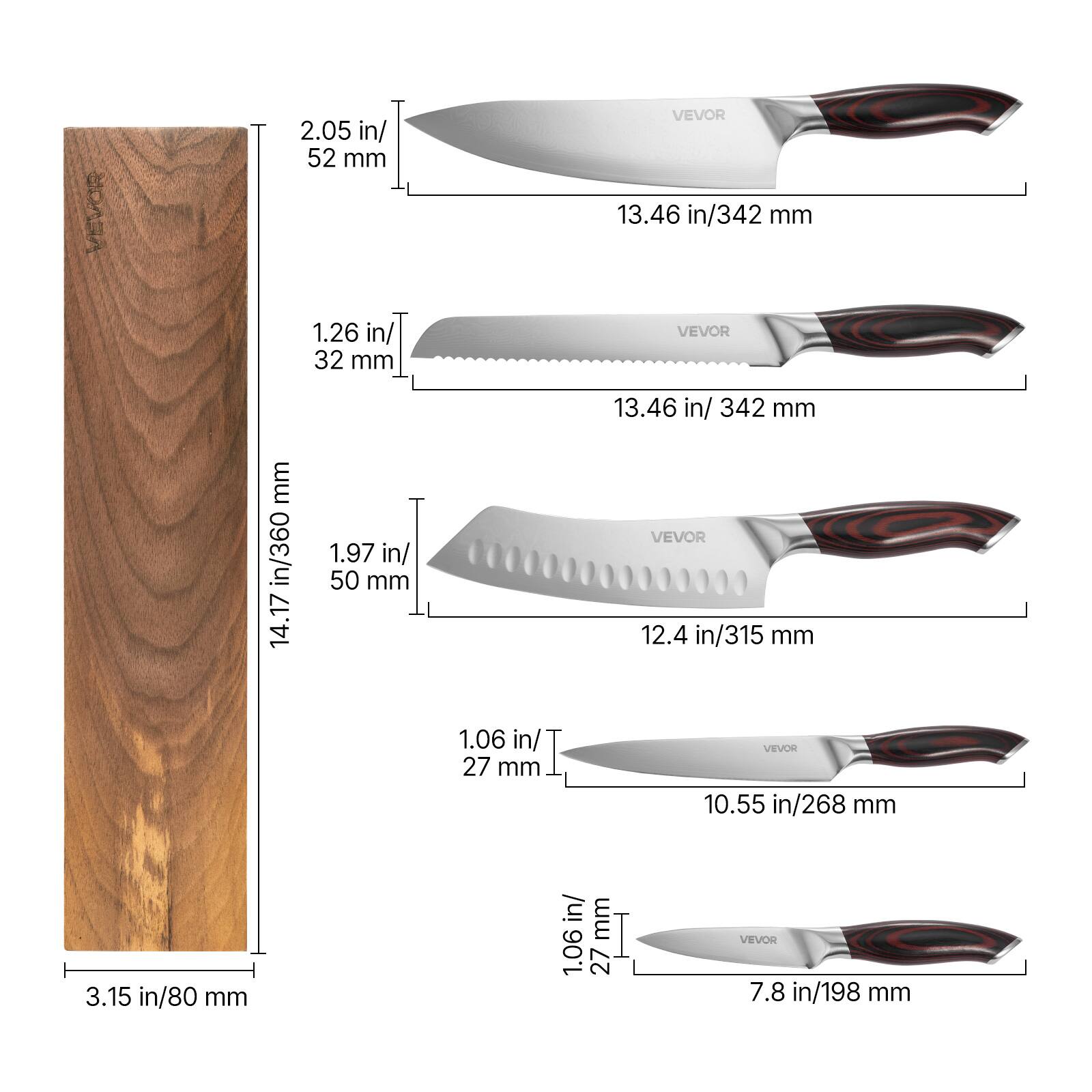 2.05 in/ 52 mm  
13.46 in/342 mm  

1.26 in/ 32 mm  
13.46 in/342 mm  

1.97 in/ 50 mm  
12.4 in/315 mm  

1.06 in/ 27 mm  
10.55 in/268 mm  

3.15 in/80 mm  
7.8 in/198 mm