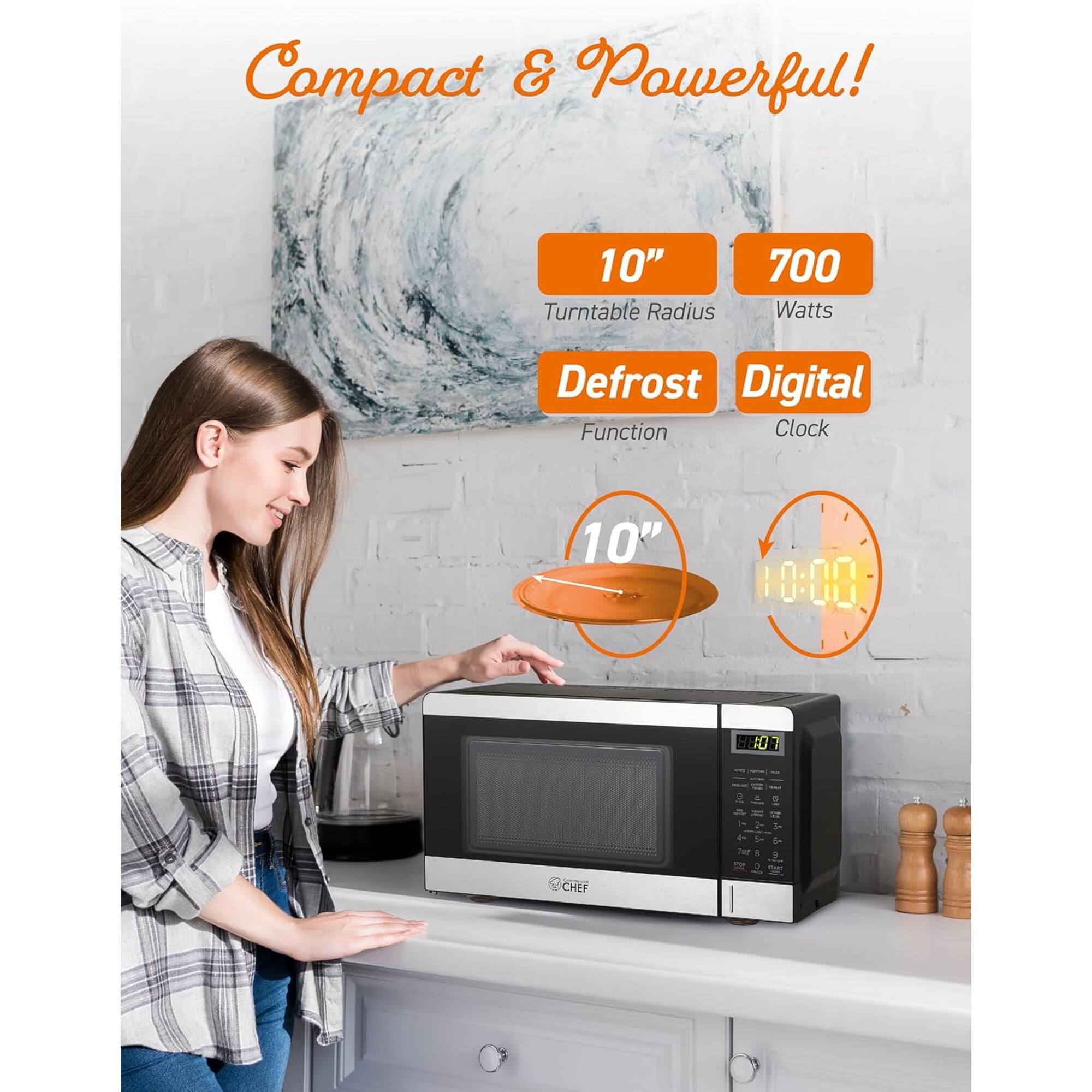 Compact & Powerful!  
10" Turntable Radius  
700 Watts  
Defrost Function  
Digital Clock  
10"  
10:00  
AO 7  
2 A - UP  
Far CHEF
