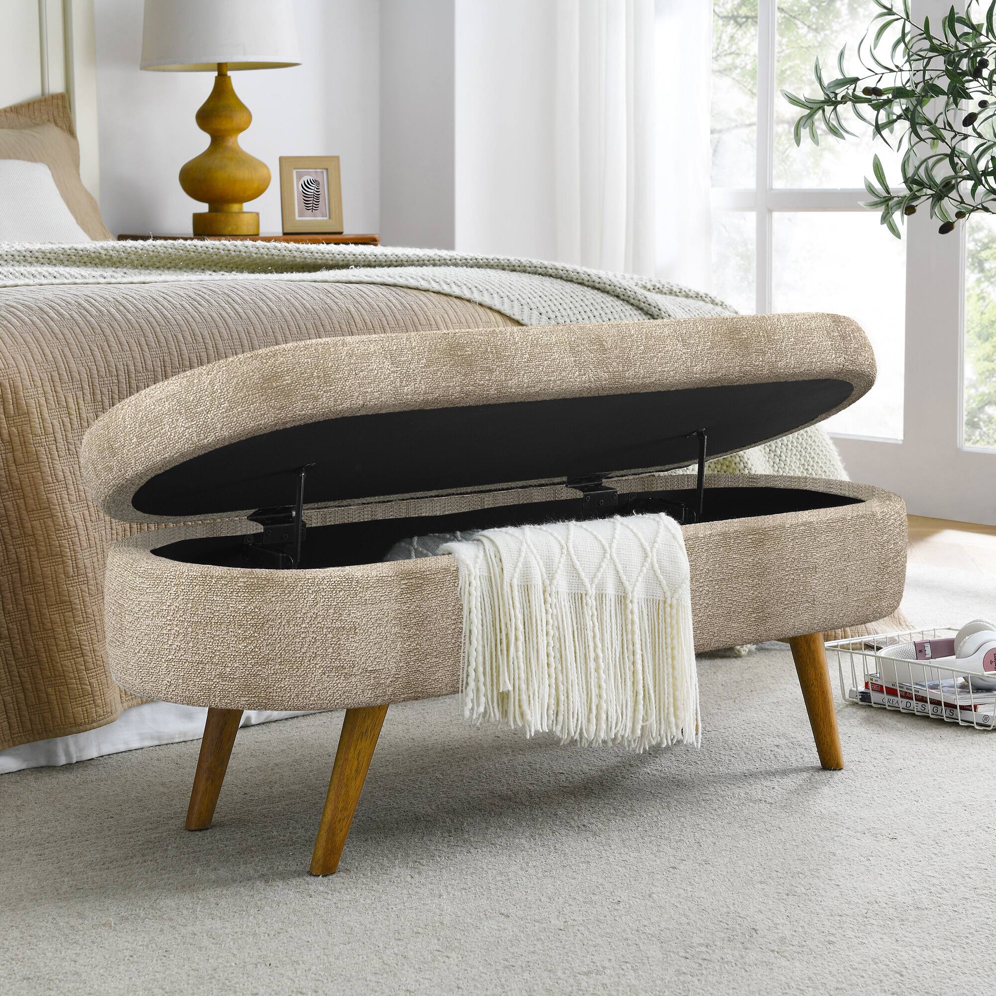 Alt View 2. GOODSILO - Elegant Fabric Storage Ottoman Bench with Wooden Legs for Living Room or Bedroom Footrest and Seating - Brown.