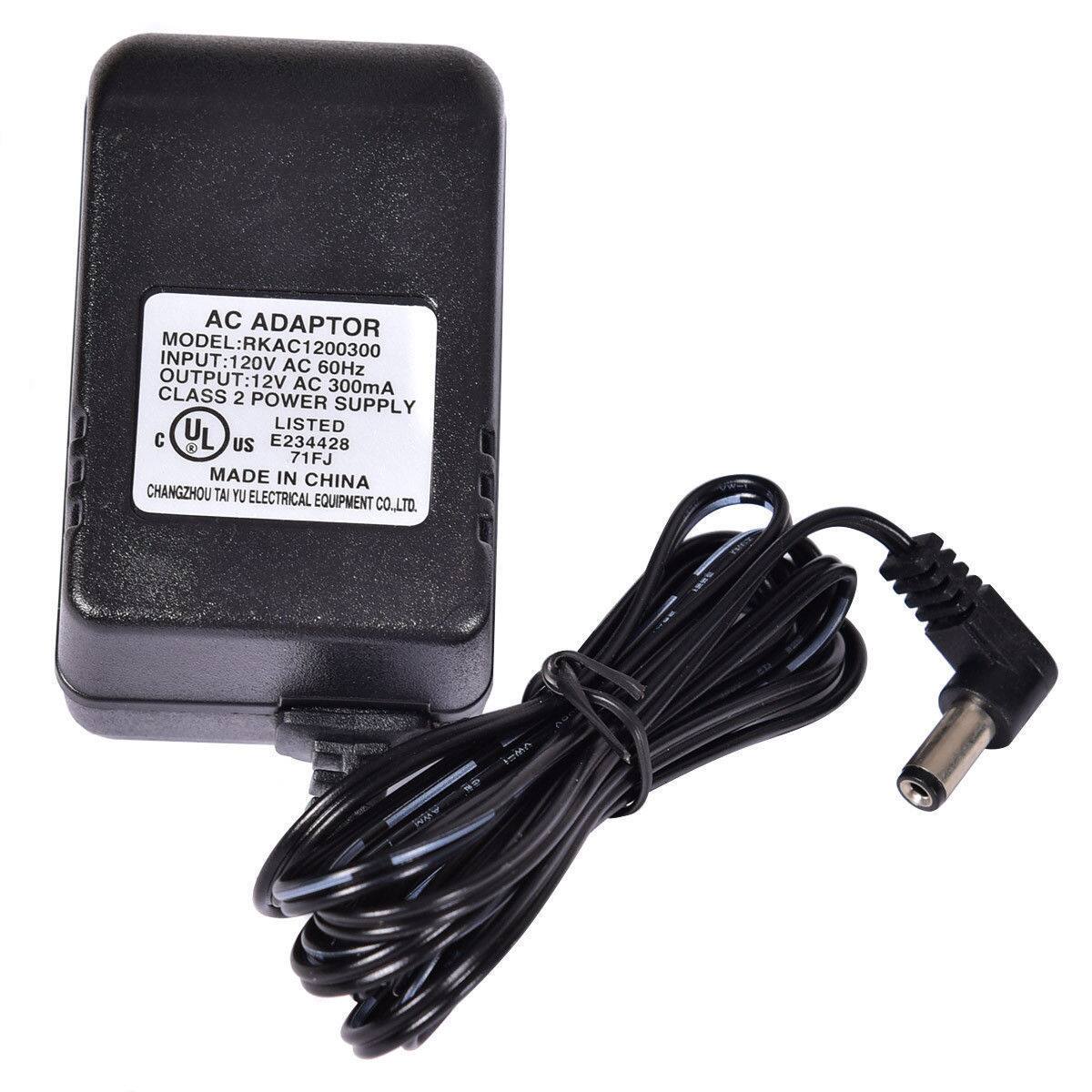AC ADAPTOR MODEL: RKAC1200300
INPUT: 120V AC 20V AC 60Hz
OUTPUT: 12V AC 300mA
CLASS 2 POWER SUPPLY
LISTED UL US E234428
MADE IN CHINA
CHANGZHOU TAI YU ELECTRICAL EQUIPMENT CO.LTD.
