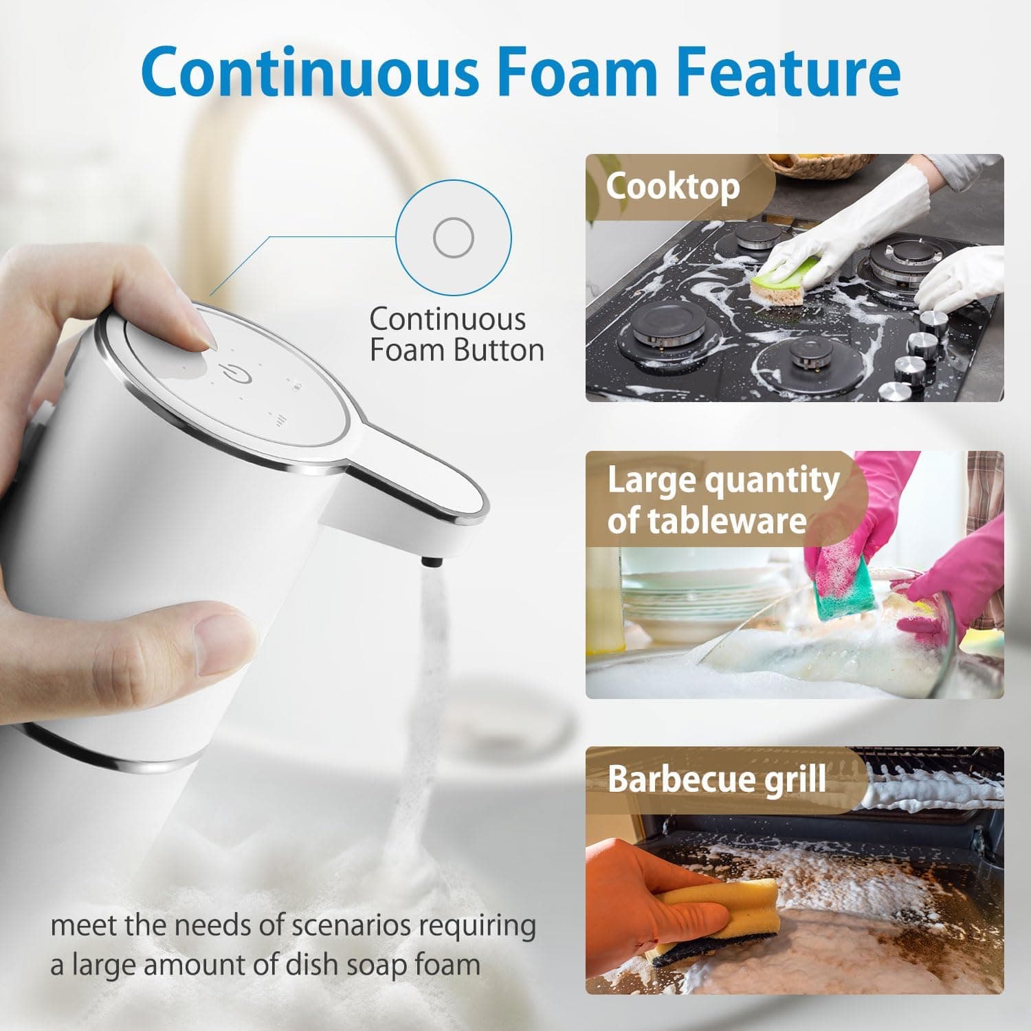 Continuous Foam Feature

- Continuous Foam Button
- Cooktop
- Large quantity of tableware
- Barbecue grill

meet the needs of scenarios requiring a large amount of dish soap foam