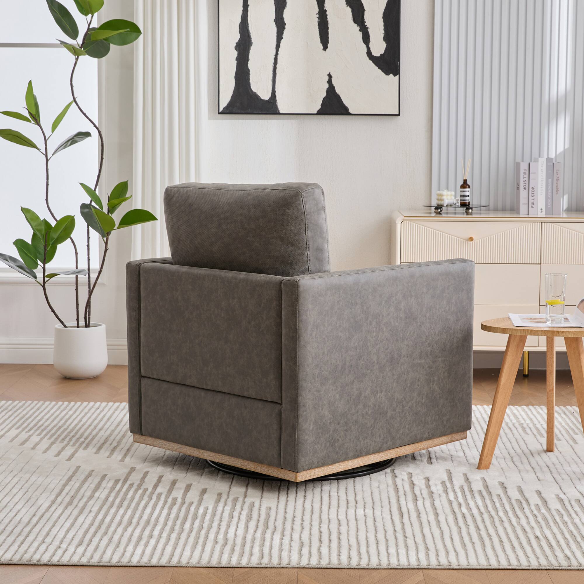 Back. GOODSILO - Modern Square Swivel Accent Chair with 360-Degree Rotation for Living Room and Bedroom - Gray.
