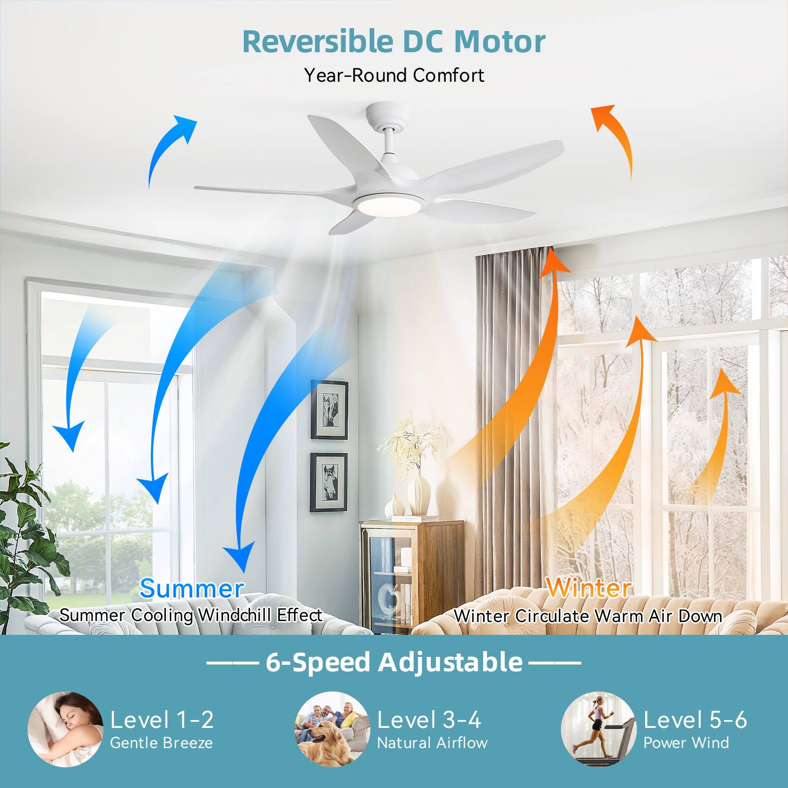 Reversible DC Motor  
Year-Round Comfort  

Summer  
Summer Cooling Windchill Effect  

Winter  
Winter Circulate Warm Air Down  

6-Speed Adjustable  

Level 1-2  
Gentle Breeze  

Level 3-4  
Natural Airflow  

Level 5-6  
Power Wind