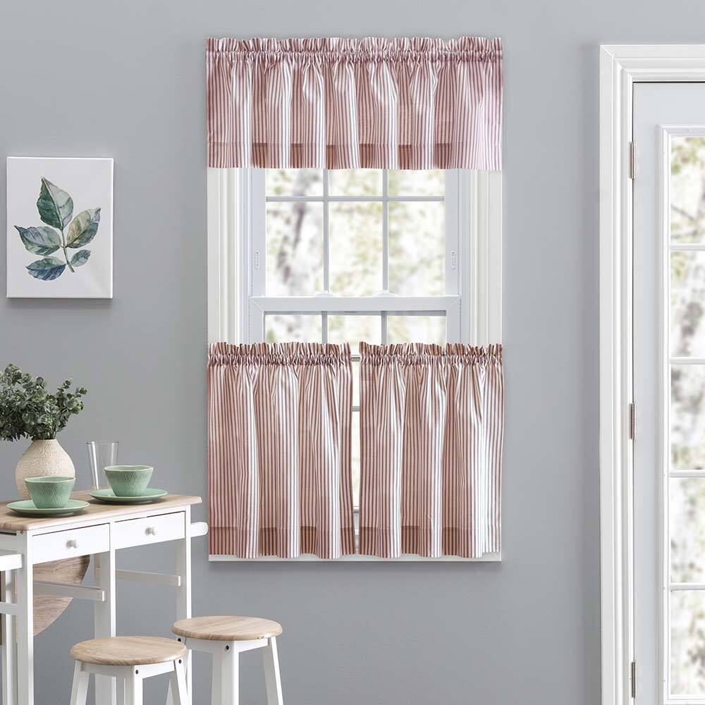 Left. Ellis Curtain - Ellis Curtain Plaza Classic Ticking Stripe Printed on Natural Ground 1.5" Rod Pocket Tailored Tiers 56" x 24" Brick - Brick.