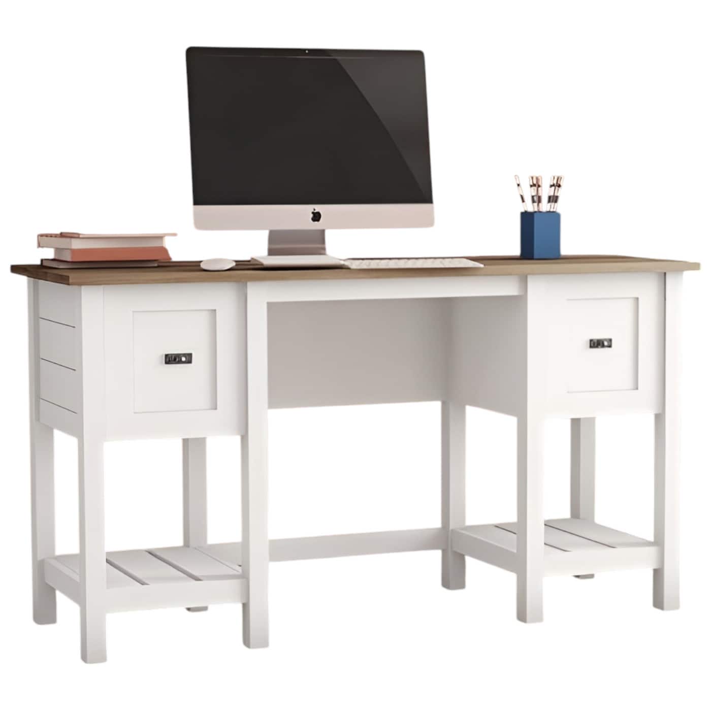 SlickBlue - Top Drawer Farmhouse Office Desk with 2 Storage Drawers - White Oak