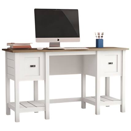 Front. SlickBlue - Top Drawer Farmhouse Office Desk with 2 Storage Drawers - White Oak.