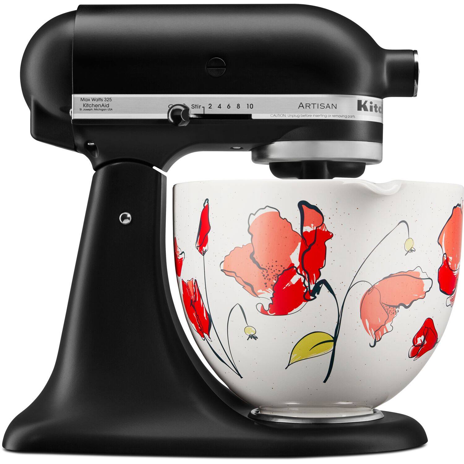 The image features a black and white Artisan KitchenAid mixer with a bowl on top of it. The bowl is decorated with red flowers, and the mixer is designed to mix and blend ingredients. The mixer is a versatile kitchen appliance that can be used for various tasks, such as mixing dough, beating eggs, or even making ice cream. The Artisan KitchenAid mixer is a popular choice for home cooks and professional chefs alike, offering both performance and durability.