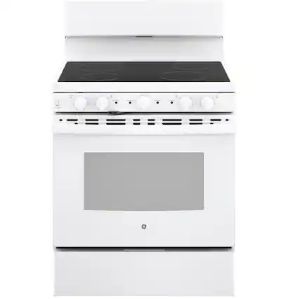 Front. GE - 5 Cu. Ft. Freestanding Electric Range with Self-Cleaning and Dual-Element Bake - White.