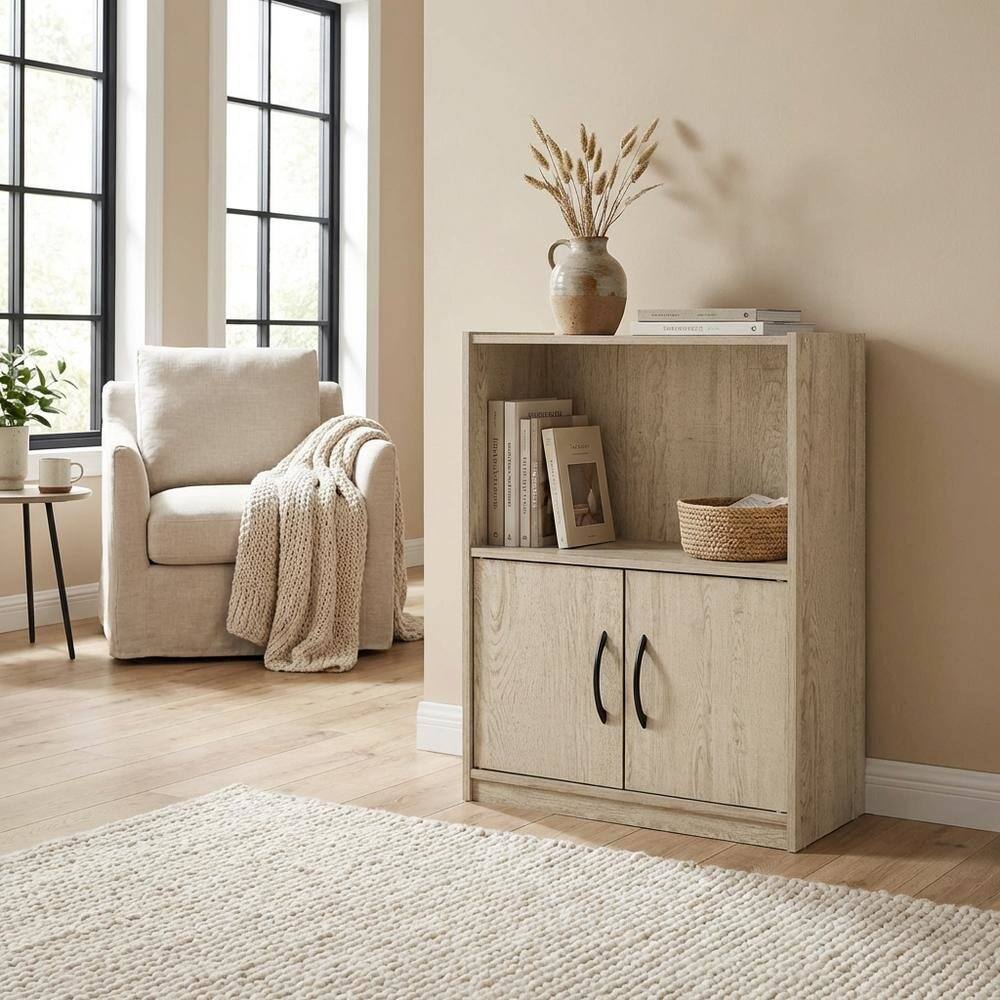 Angle. FurniFact - Brown 2-Tier Open Shelf Bookcase with Doors Storage Cabinet for Living Room - Metropolitan Pine.