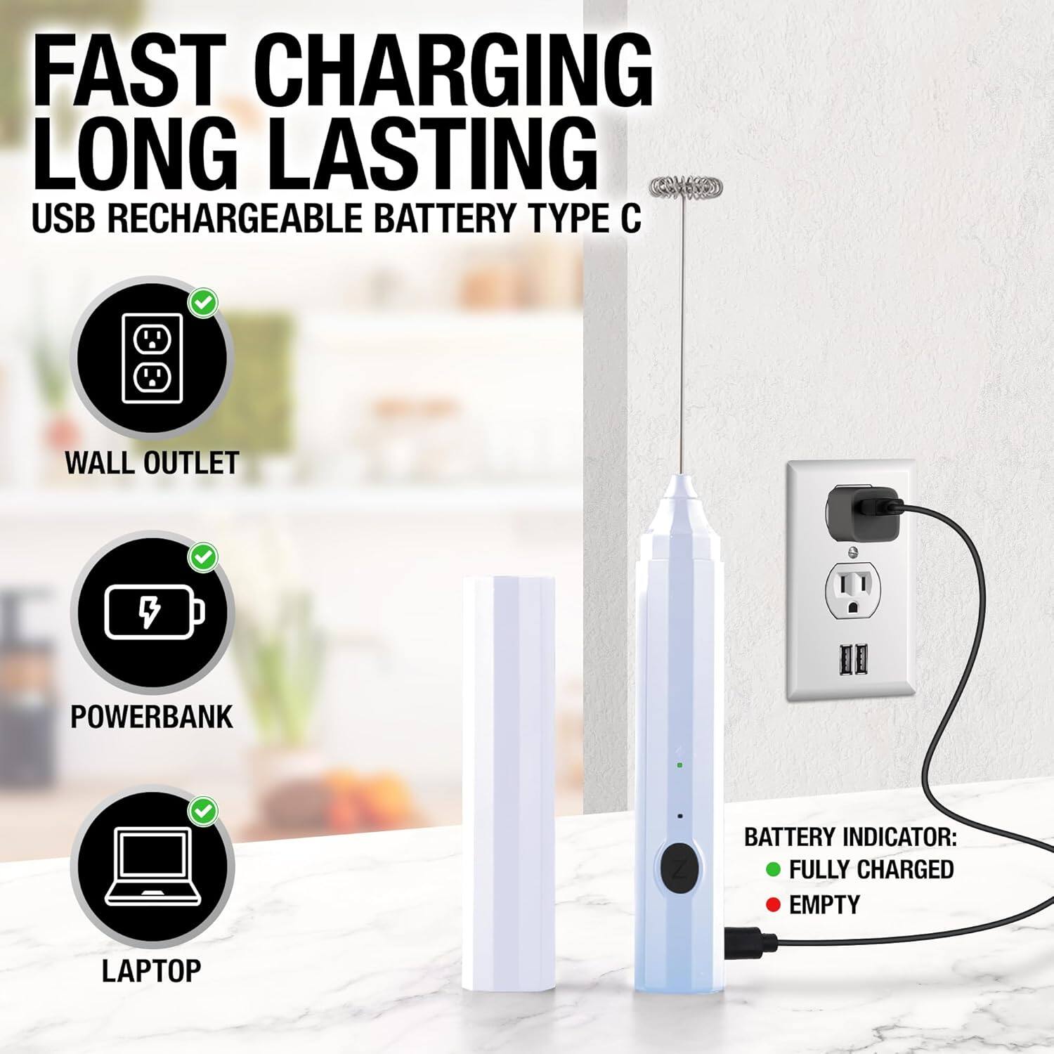 FAST CHARGING  
LONG LASTING  
USB RECHARGEABLE BATTERY TYPE C  

WALL OUTLET  
POWERBANK  
LAPTOP  

BATTERY INDICATOR:  
• FULLY CHARGED  
• EMPTY