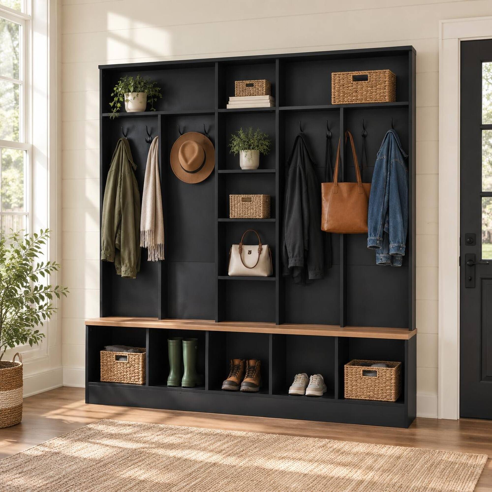 Left. RYHNUYNE - ON-TREND Wide Hall Tree, Storage Bench, Shoe Cabinet, 8 Hooks, 66.9 in, Black, for Entryway - Black.