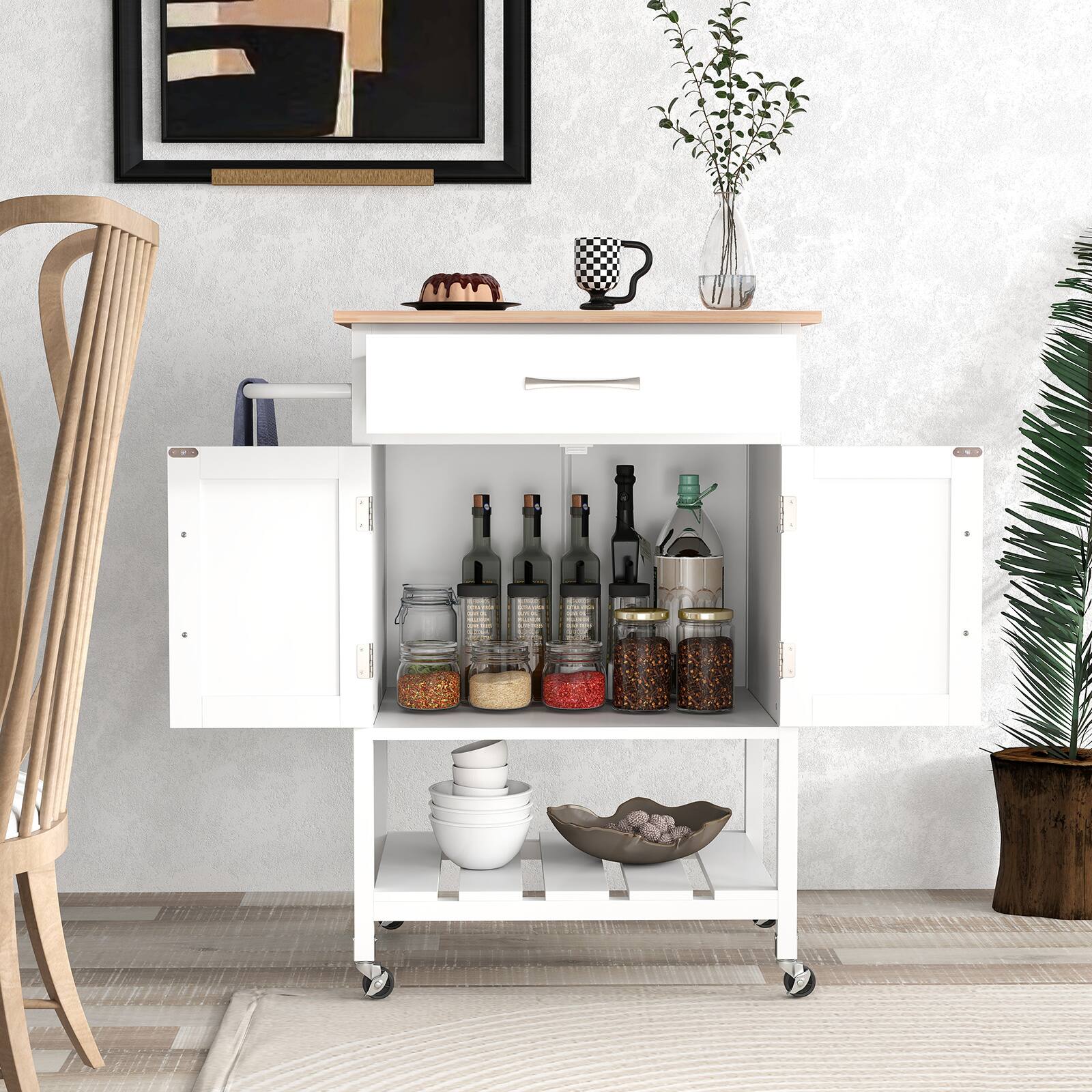 Angle. SlickBlue - Rolling Kitchen Island Cart with Drawer, Towel Rack, and Storage Shelves - White.