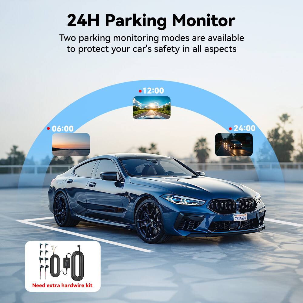 24H Parking Monitor, Two parking monitoring modes are available to protect your car's safety in all aspects, 12:00, 06:00, 24:00, Need extra hardwire kit