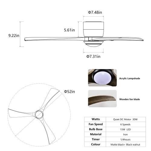 7.48in 9.22in 5.61in 7.31in Acrylic Lampshade 52in Wooden fan blade Watts Fan Speed Bulb Base Quiet DC Motor 30W 6 Speeds 15W LED Material Iron Timer Colour Matte black+ Black walnut