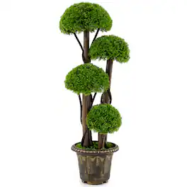 Costway - 1 PCS 3 FT Artificial Cypress Topiary Ball Tree with Retro Cement-filled Planter, Vines - Green, Rustic Brown