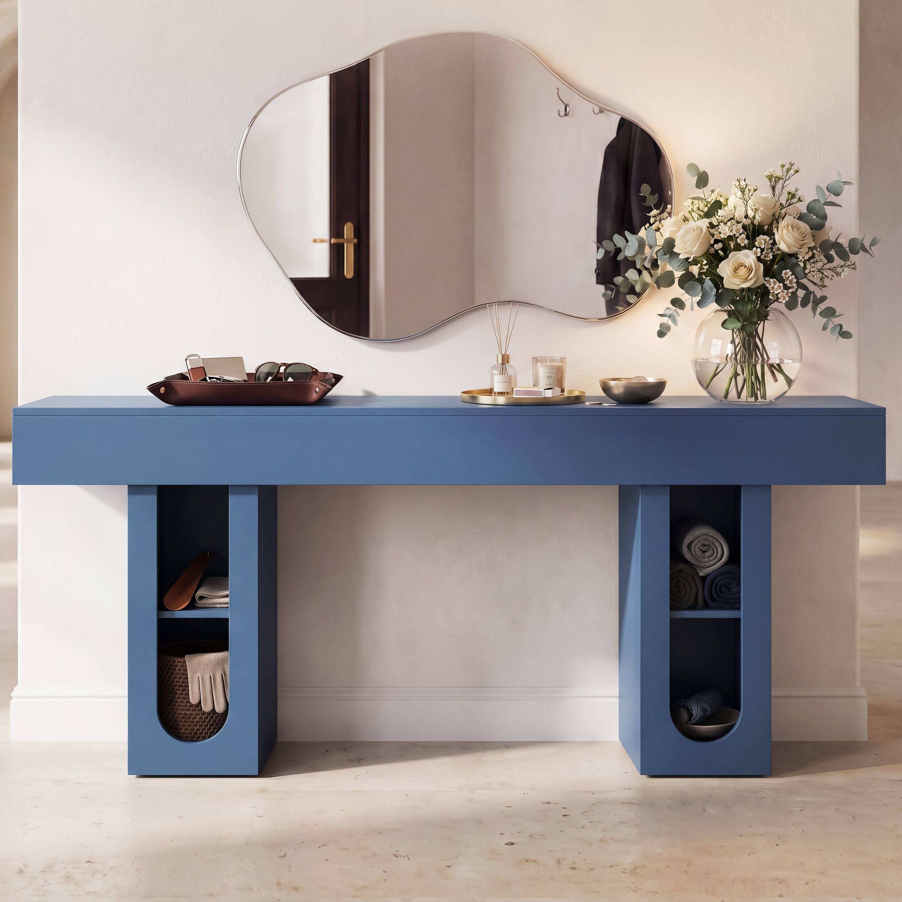 Left. Whisen - 63-Inch Long Console Table with Built-in Power Outlet and Adjustable Shelves-Blue - Blue.
