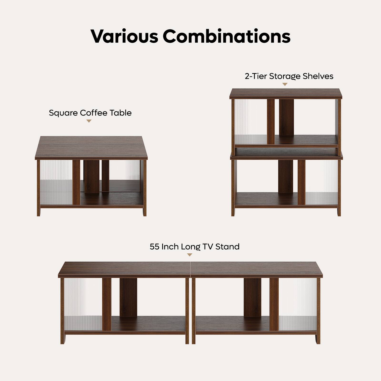 Various Combinations: 2-Tier Storage Shelves, Square Coffee Table, 55 Inch Long TV Stand