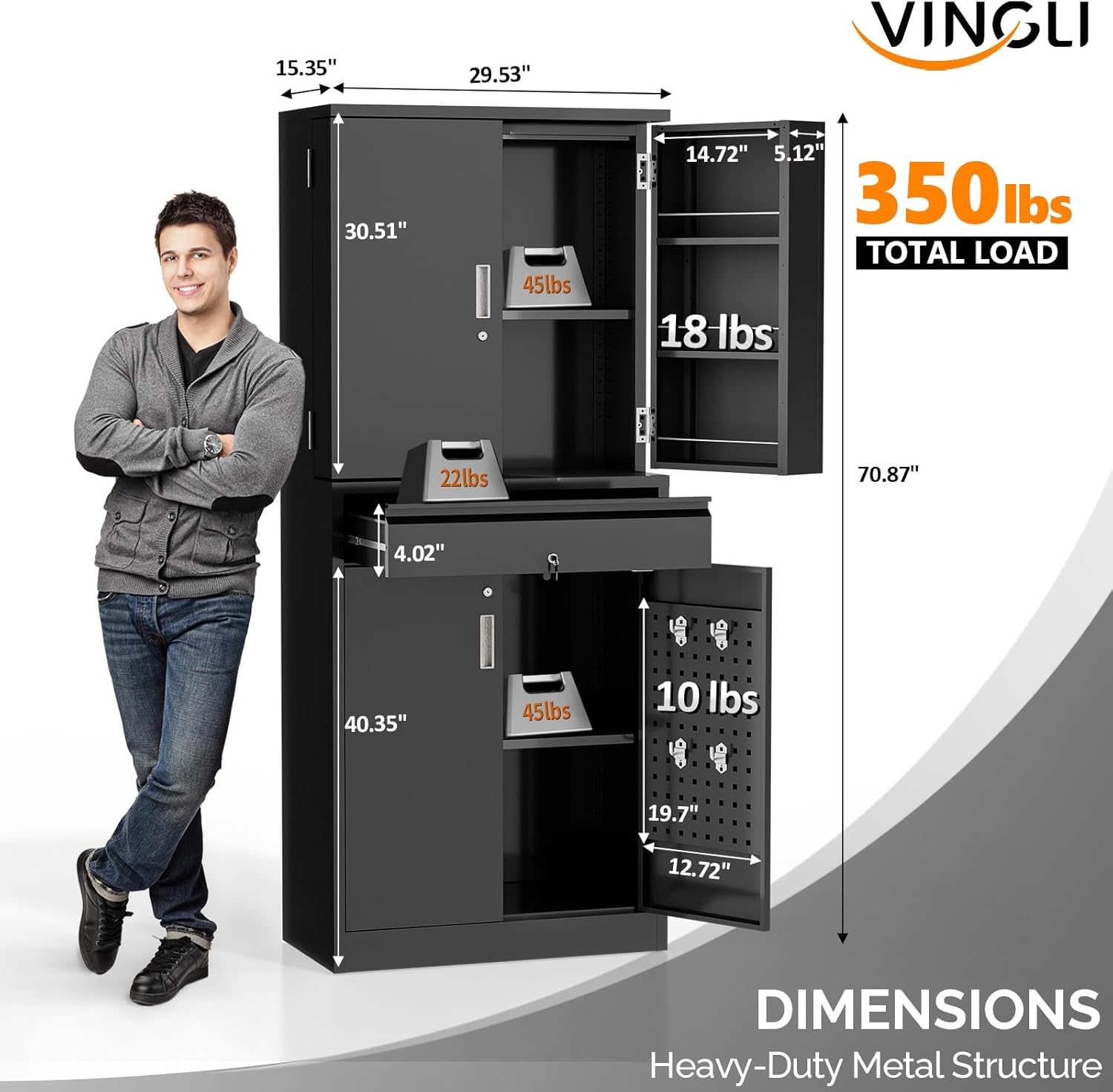 - **Dimensions:**
  - Height: 70.87"
  - Width: 29.53"
  - Depth: 15.35"
  - Shelf 1: 30.51" (Height) x 14.72" (Depth)
  - Shelf 2: 40.35" (Height) x 19.7" (Depth)
  - Shelf 3: 4.02" (Height) x 12.72" (Depth)
  - Side Panel: 5.12" (Width)

- **Load Capacity:**
  - Shelf 1: 45 lbs
  - Shelf 2: 45 lbs
  - Shelf 3: 10 lbs
  - Total Load: 350 lbs

- **Heavy-Duty Metal Structure**