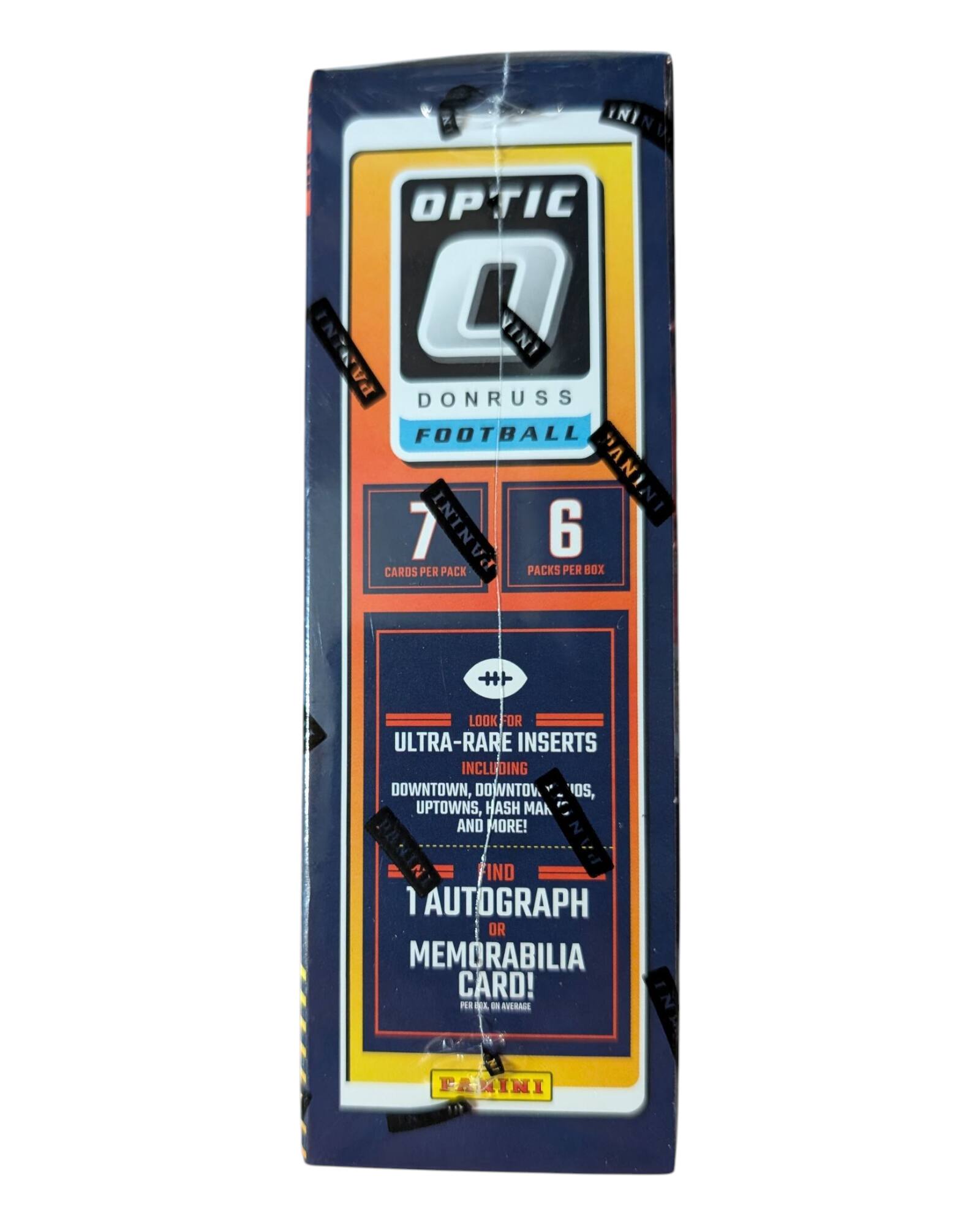 OPTIC  
VINYL  
DONRUSS  
FOOTBALL  

7 CARDS PER PACK  
6 PACKS PER BOX  

LOOK FOR ULTRA-RARE INSERTS INCLUDING DOWNTOWN, DOWNTOWN, UPTOWNS, HASH MARKS, AND MORE!  
1 AUTOGRAPH OR MEMORABILIA CARD!  

PER BOX AVERAGE