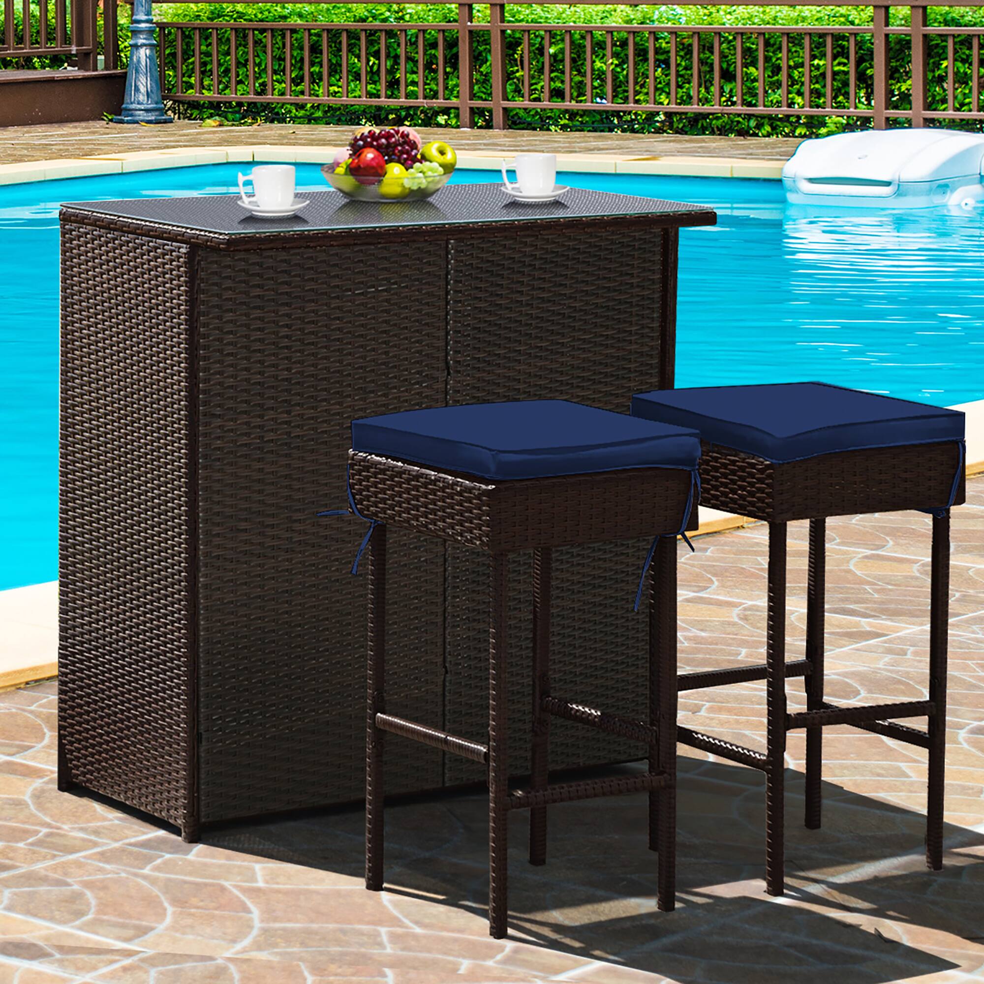 Alt View 1. Costway - 3PCS Rattan Bar Table Stool Set Cushioned Chairs with Cover - brown/navyy/off white.