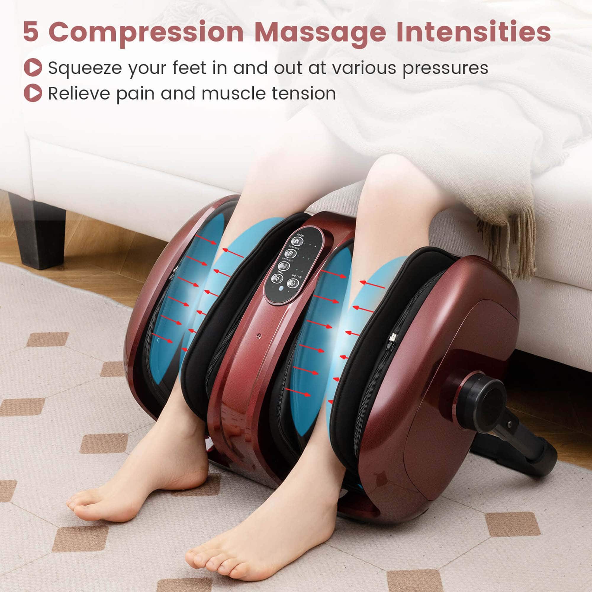 5 Compression Massage Intensities: Squeeze your feet in and out at various pressures to relieve pain and muscle tension.