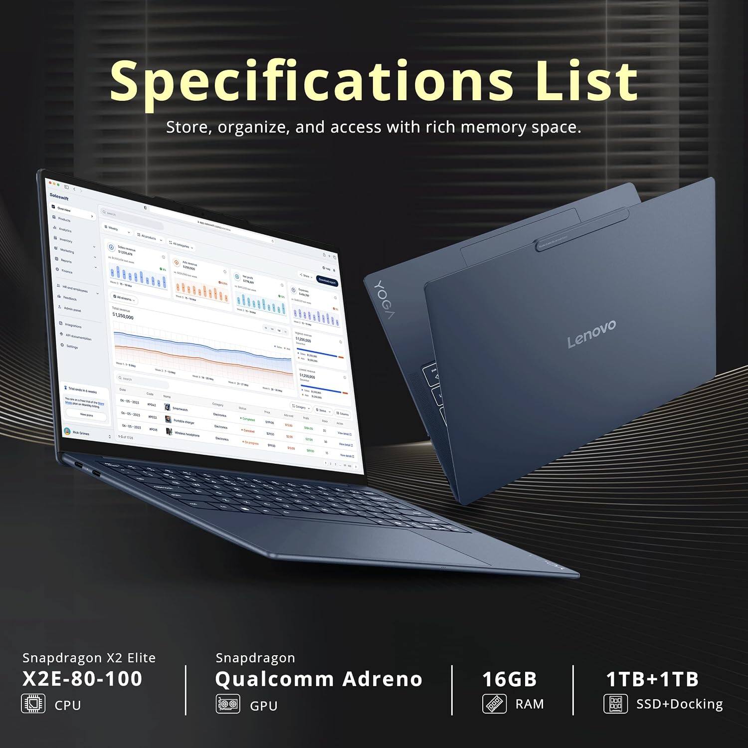Specifications List  
Store, organize, and access with rich memory space.

Seleswitt  
Potatos - Salting  
$1,250,000  
TODARS  
YOGA  
Lenovo  
Thik-Grimars  
'We's 04-00-303  Shippy Vitamin - - Chollege - THIS - 900 - - 0% wess - 90  
- Vita OHE  WA I

Texter:  
Snapdragon X2 Elite X2E-80-100 CPU  
Snapdragon Qualcomm Adreno GPU  
16GB RAM  
1TB+1TB SSD+Docking
