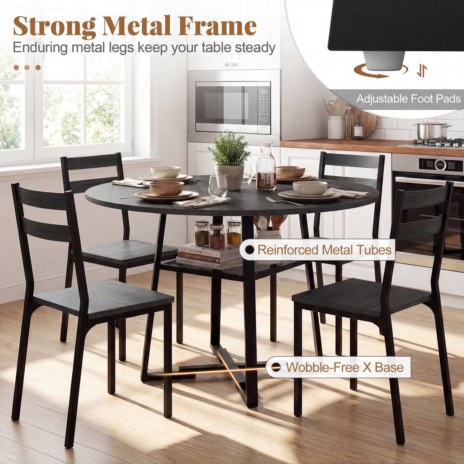 Strong Metal Frame  
Enduring metal legs keep your table steady

Adjustable Foot Pads

Reinforced Metal Tubes

Wobble-Free X Base