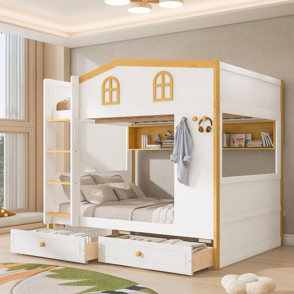 Loheer - Twin Over Twin Bunk Bed House Shaped with Storage Drawers White - White+Natural price history on PriceWatchPro