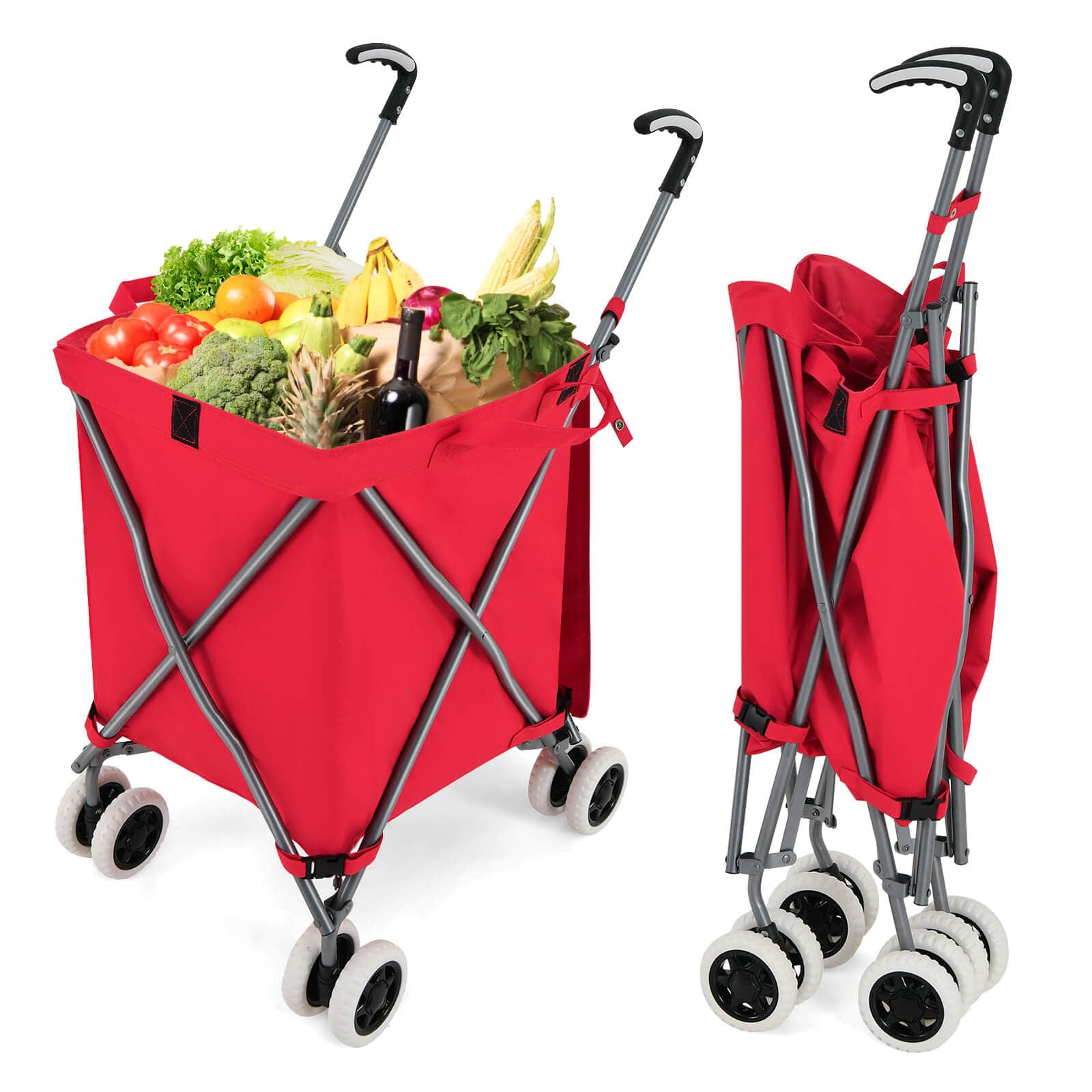 Costway - Folding Shopping Cart Utility with Water-Resistant Removable Canvas Bag - Red