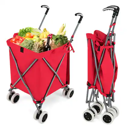 Front. Costway - Costway Folding Shopping Cart Utility with Water-Resistant Removable Canvas Bag - Red.