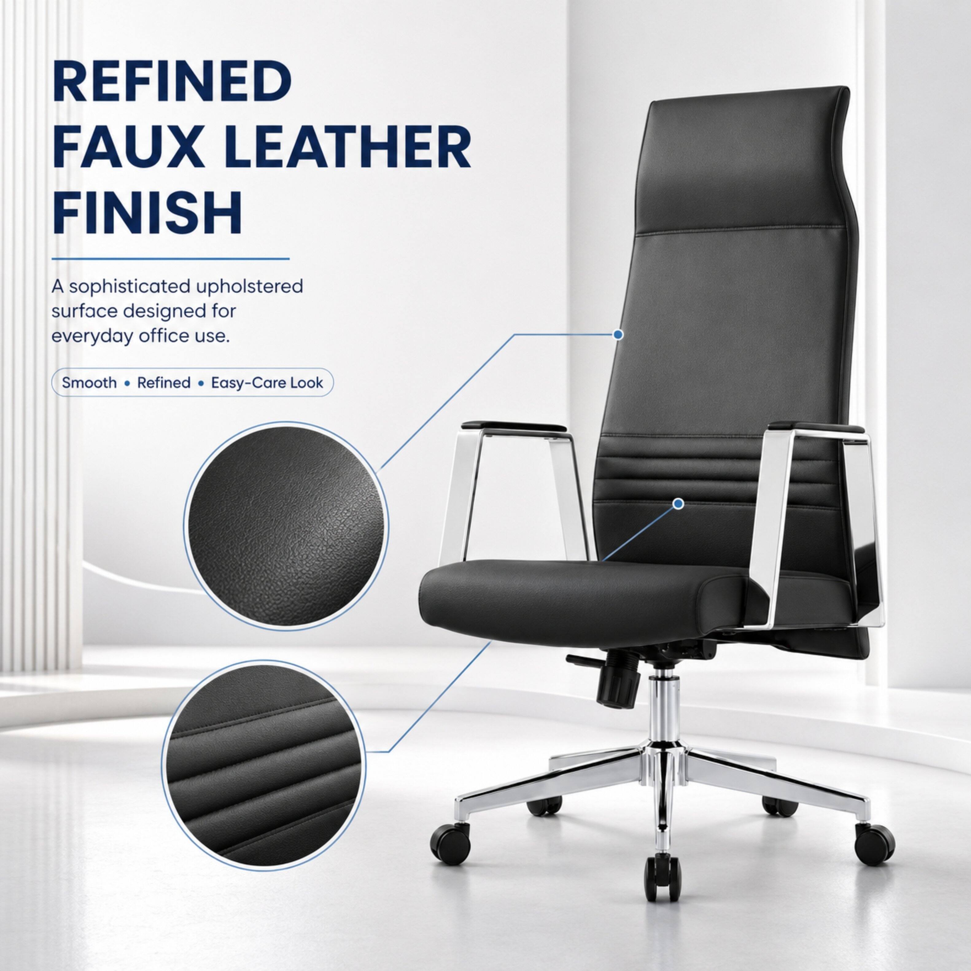 REFINED FAUX LEATHER FINISH

A sophisticated upholstered surface designed for everyday office use.

Smooth • Refined • Easy-Care Look